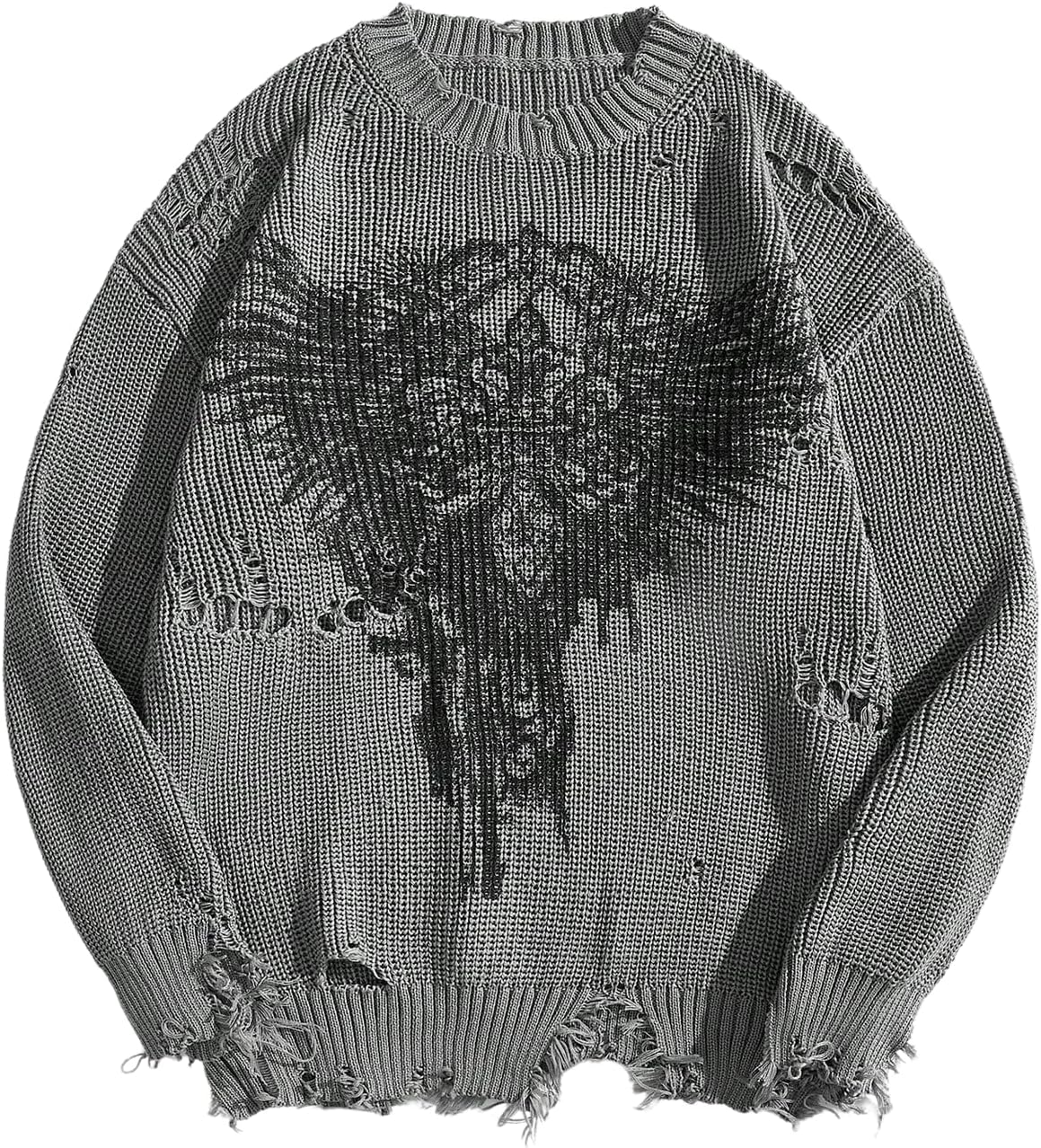 Men's Graphic Grunge Sweater Long Sleeve Crew Neck Knitted Distressed Pullover Top Punk Ripped Goth Sweater