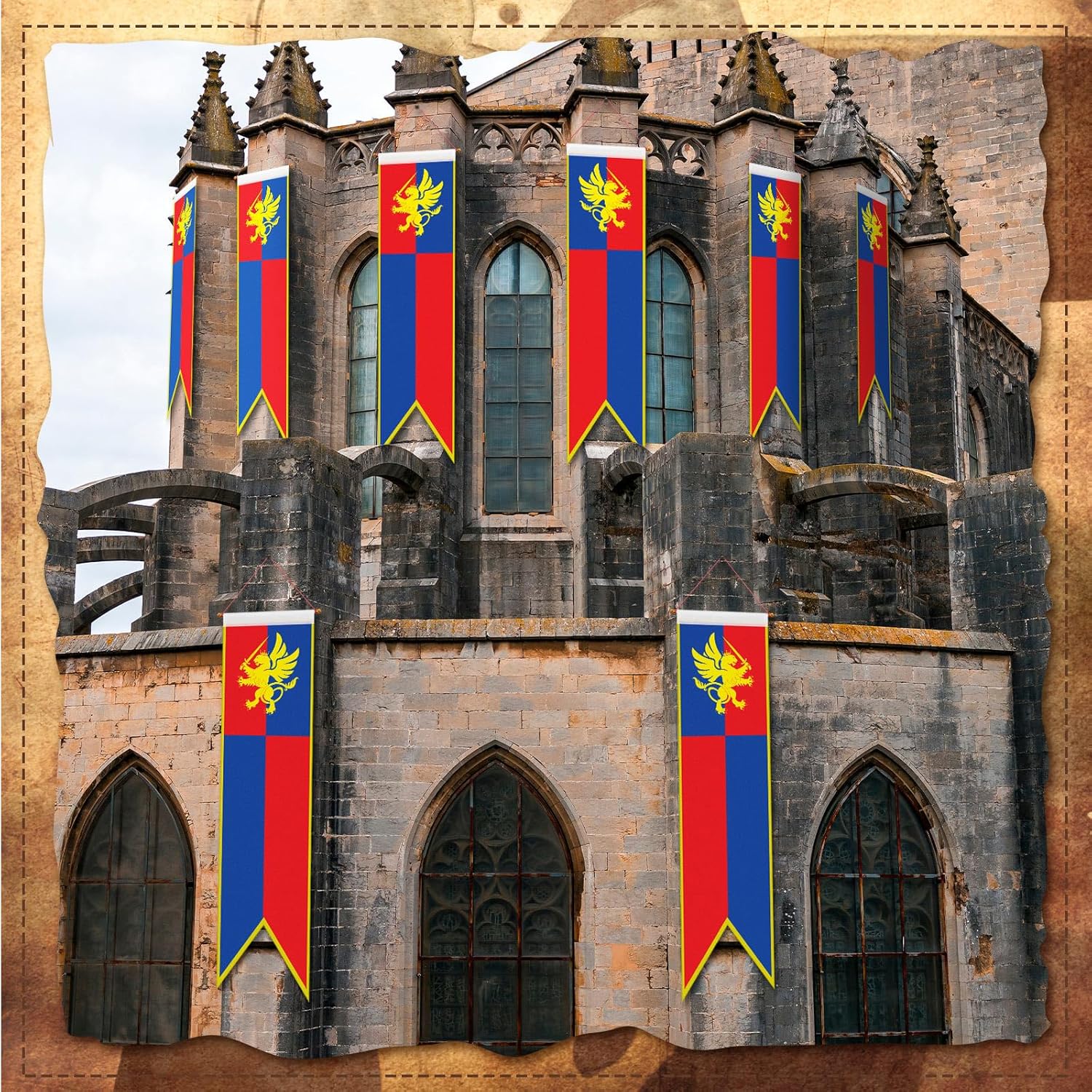 Oudain 4 ft Medieval Fantasy Pull-down Banner with Lion Design Hanging Party Bunting Banner Medieval Party Decorations Garden Cutouts Flag for Castle Theme Festival Birthday Decor(8 Pcs)