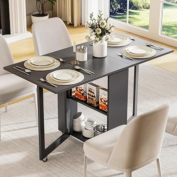 LotFun Folding Dining Table with 6 Wheels, 2-Layer Storage Shelf & Drawer, Space Saving Farmhouse Kitchen Table for Small Spaces