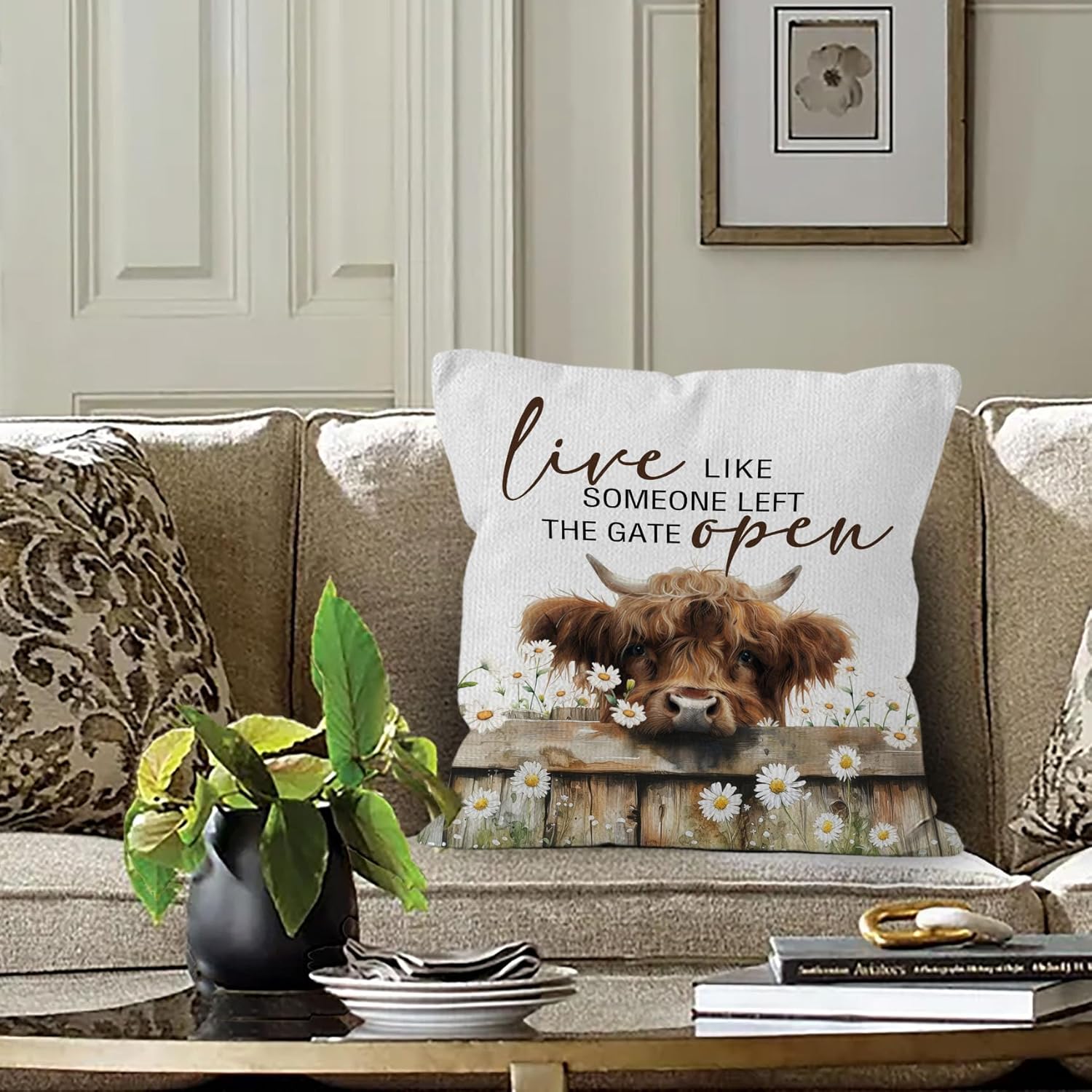 Highland Cow Throw Pillow Covers 18x18,Farmhouse Western Animal Cows Pillow Covers for Home Bedroom Couch, Live Like Someone Left The Gate Open, Highland Cow Gifts - Image 2