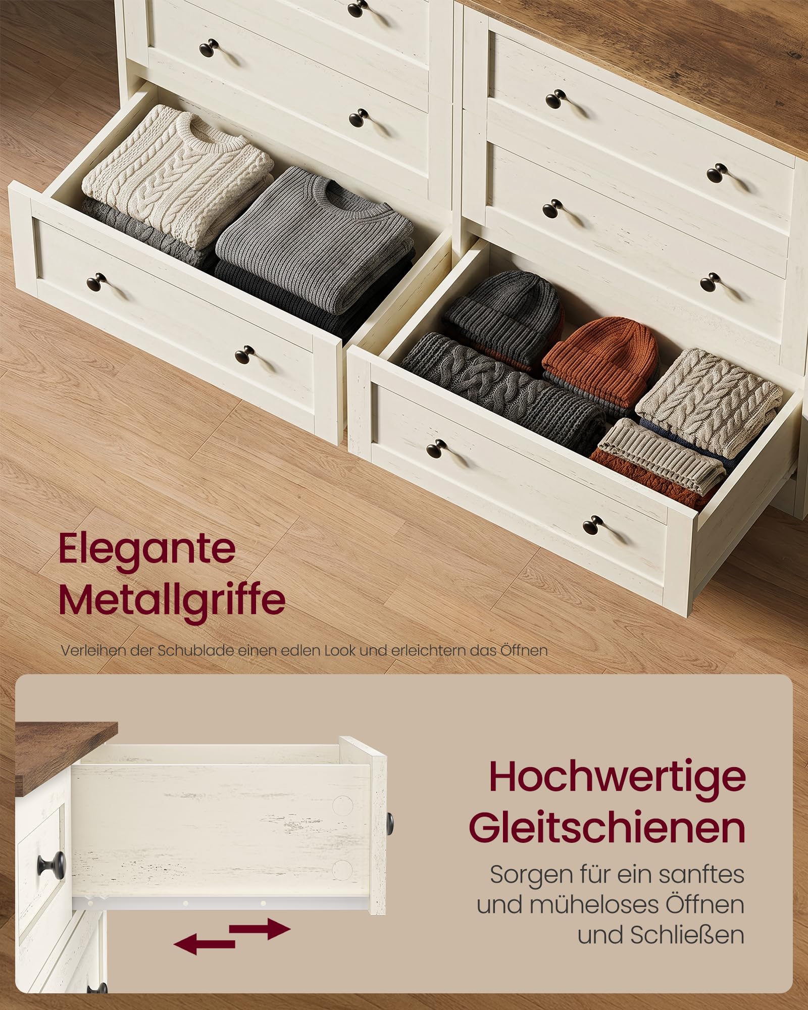 VASAGLE Kommode mit 6 Schubladen, Aufbewahrungsschrank aus Holzspanplatte und MDF, 120 x 40 x 78 cm, Weiß, Landhausstil, für Schlafzimmer, Flur, Siren Kollektion LTS663WJ01