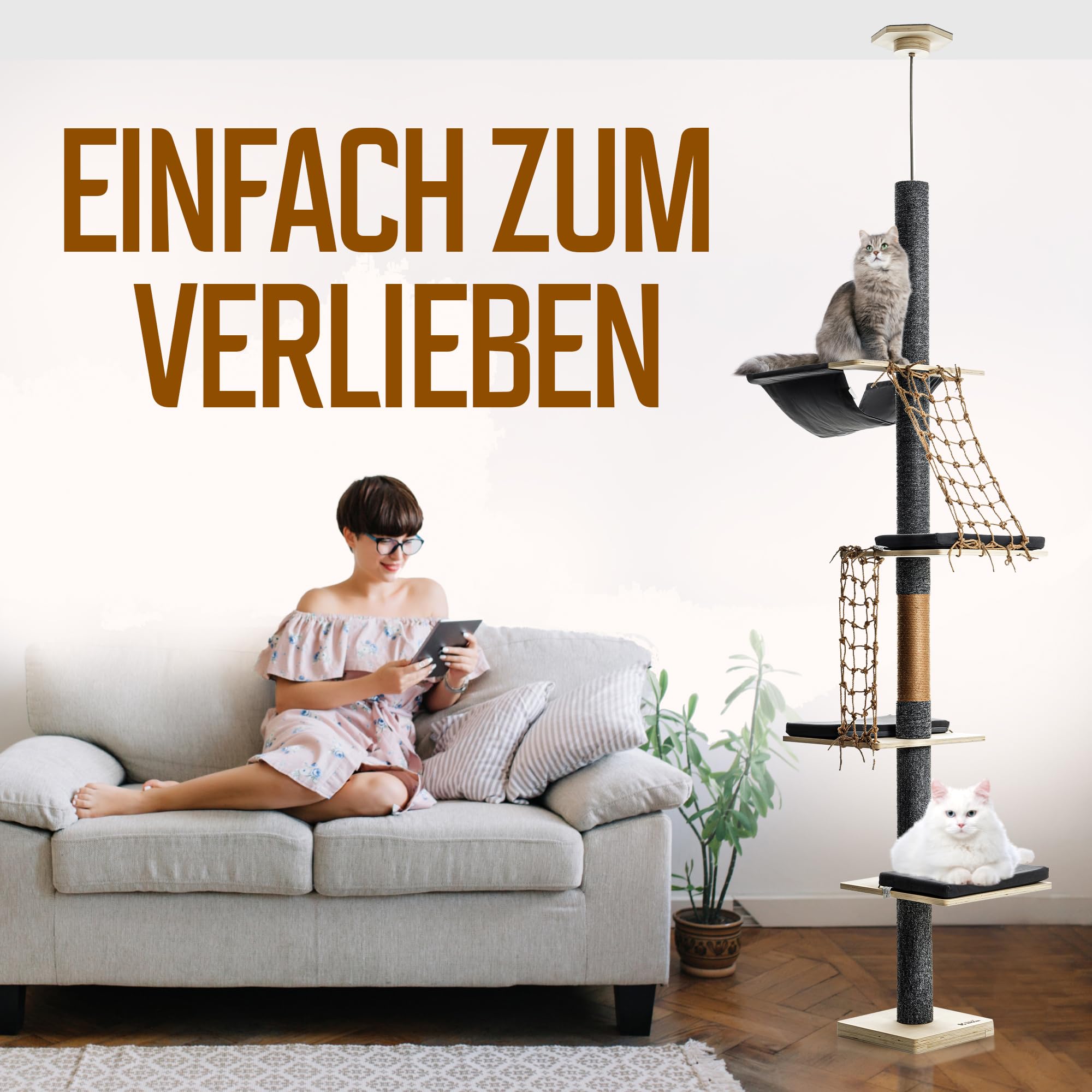 Kratzbaum Deckenhoch mit Hängematte & Kletternetz| Höhenverstellbar 236–270 cm | Kratzbaum Deckenspanner mit 5 Plattformen | Schmal & platzsparender Indoor-Kletterturm aus Holz für Katzen