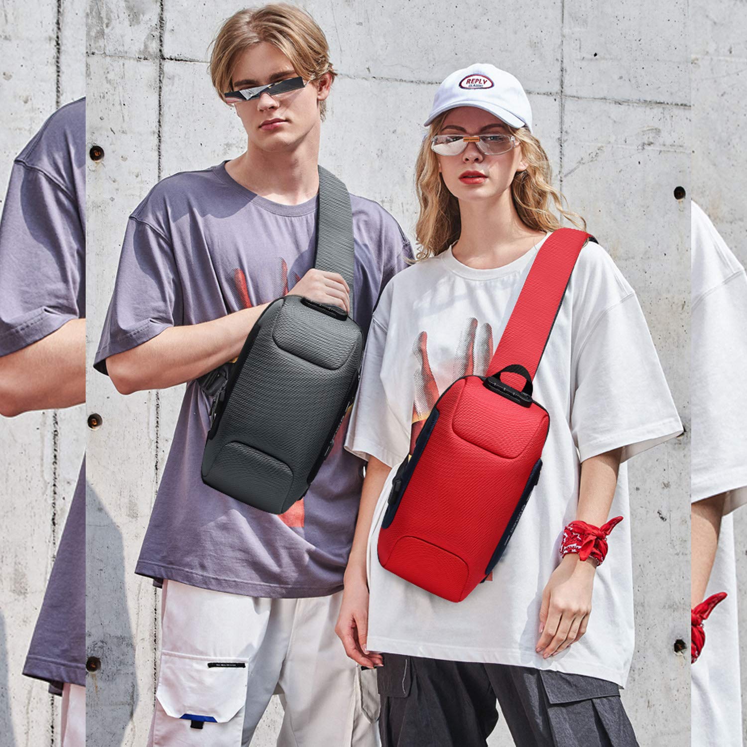 FANDARE Anti-theft Sling Bag New Men Crossbody Bag Women Chest Pack with USB Charging Port Reflective Stripe Shoulder Bag for Cycling Camping Riding Hiking Daypacks Waterproof Polyester Gray A