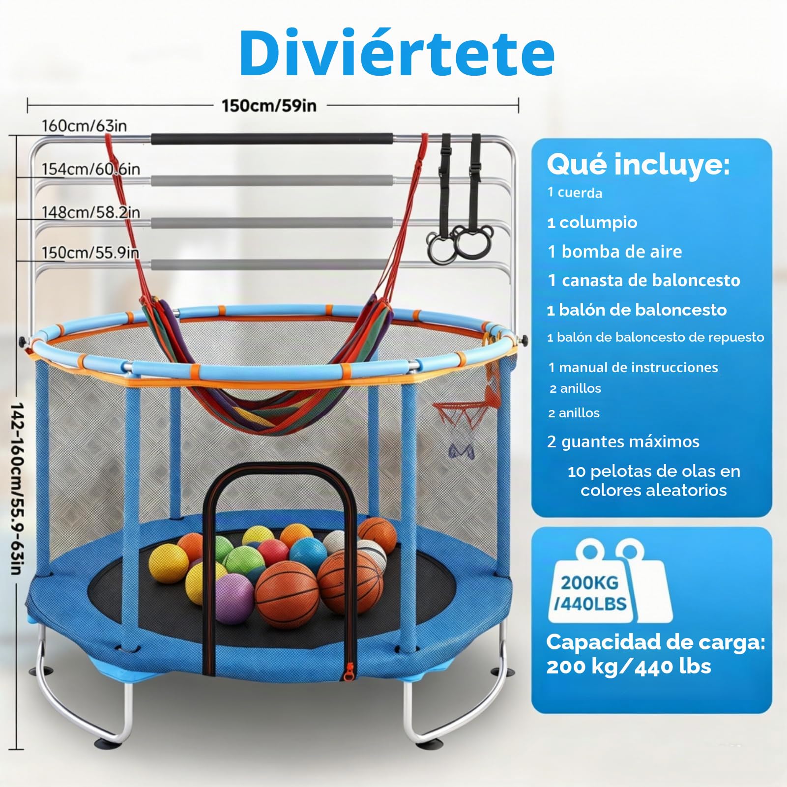 150cm Cama Elastica Niños Exterior, Multifuncional 5 en 1 Trampolin con Columpio, Aro de Baloncesto, Anillas, Red Seguridad y Ventosas Antideslizantes, Altura Ajustable para Niños 2 a 9 Años