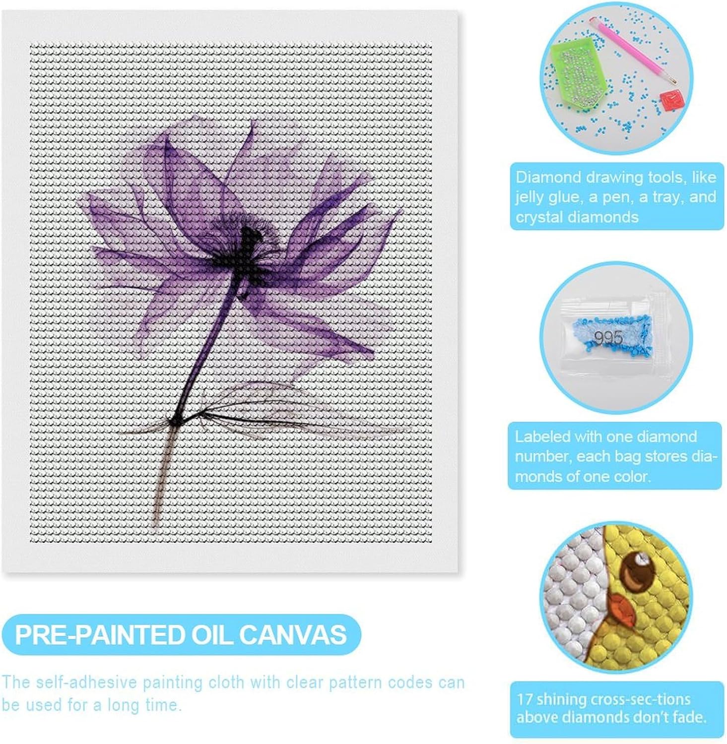 TESENVOUT Purple Rose X-Ray Diamond Art Painting Art Kits Diamond Art Painting Diamond Art Kits 5D Diamond Art Painting Kits DIY Diamond Art for Home Wall Decor 16"x20"