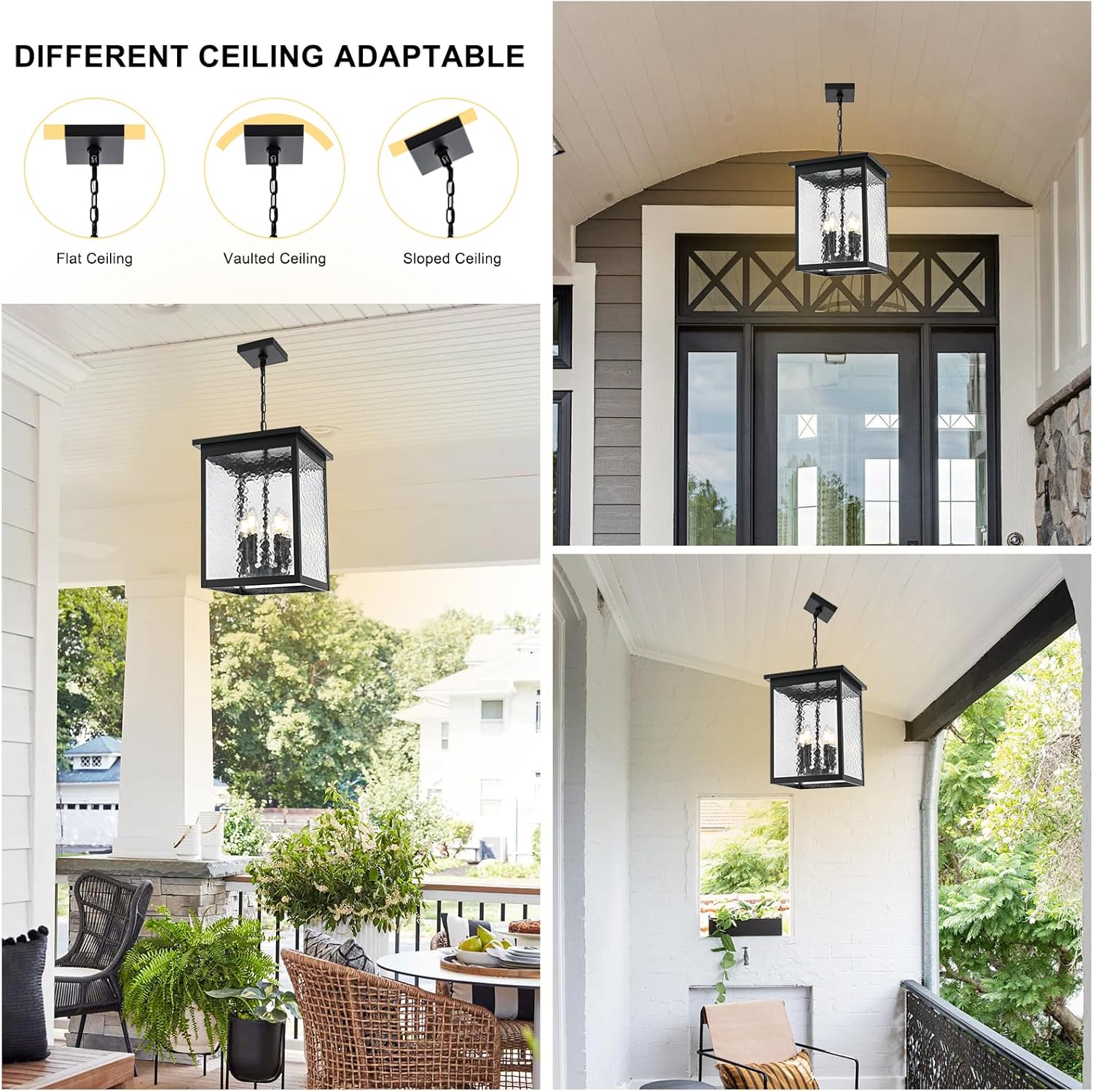 5-Light Black Large Outdoor Pendant Light Fixture, Adjustable Height Outside Hanging Porch Lighting, Exterior Ceiling Mount Lamp with Hammered Glass Panel, E12 Bulb Base