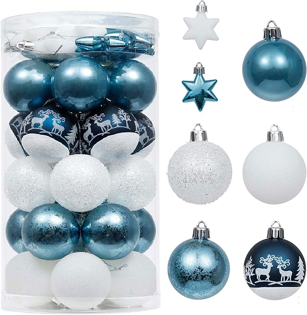 Valery Madelyn 35pcs 5cm Shatterproof Christmas Baubles, Winter Wishes Silver and Blue Christmas Ball Ornaments for Christmas Tree Decorations