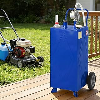 Patikuin 30 Gallon Portable Fuel Gas Caddy Storage Tank with Manual Rotary Pump – Flexible Fuel Hose, Vented Cap, Level Gauge, Grounding Clamp – Smooth Mobility – For Gasoline or Fuel Transfer to ATV, Car, Mower, Tractor, Boat – Reinforced 2-wheel, 2-support version - Blue