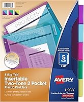 Vista 1 de Avery Big Tab - Separadores de plástico insertables con 2 bolsillos para carpetas de 3 anillas, juego de 5 pestañas, multicolor brillante de dos
