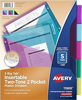 Avery Big Tab Insertable 2 Pocket Dividers for 3 Ring Binders, 5-Tab Set, Bright Two-Tone Multicolor, 1 Set (11988)
