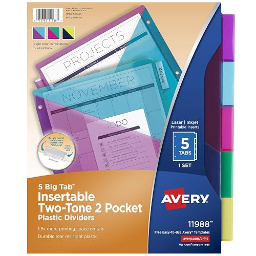 Avery Big Tab Insertable Pocket Dividers, 5-Tab, Multicolor, 1 Set | For Organizing Reports and Projects, Pockets, Big Tab Adds 1.5x Writing Space, Printable Inserts, For 3-Ring Binders