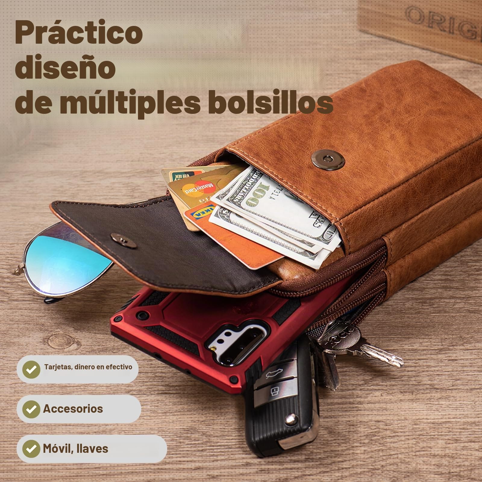 Multifuncional Cuero Genuino Doble Cremallera Bolsillos Hombres Vintage Look Bolso Bolso de Hombro teléfono cinturón Bolsa teléfono Funda para Viajes Actividades al Aire Libre