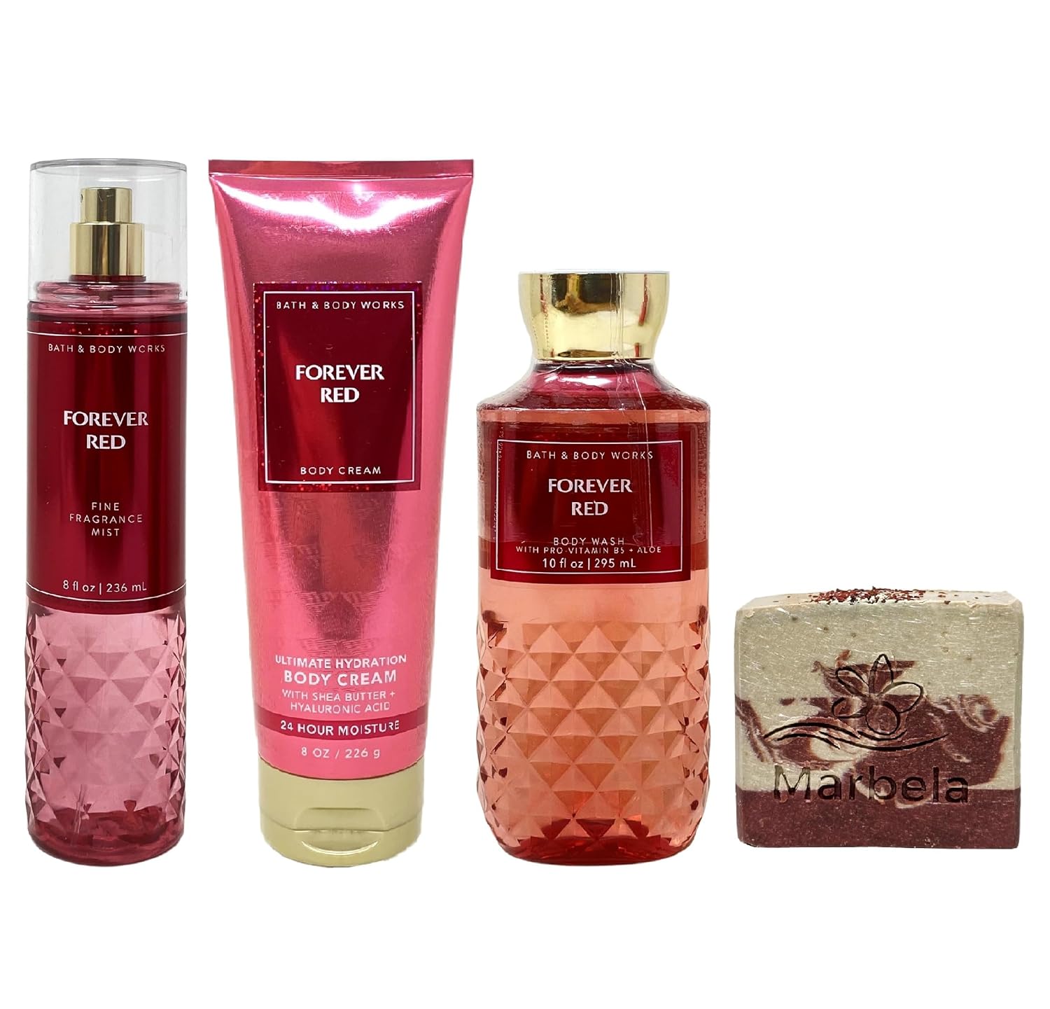 Bath & Body Works Forever Red Trio Gift Set - Fragrance Mist, Body Cream and Body Wash - with a Cherry On Top Bar Soap - Full Size