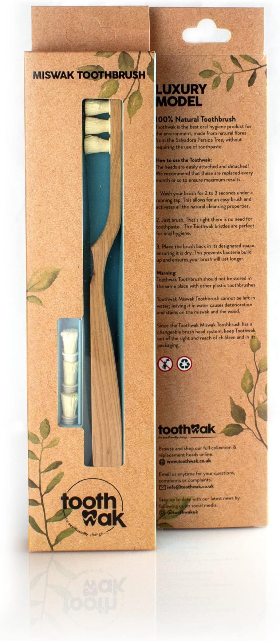 Luxury Edition Miswak Natural 3 Head Bristles Wooden Toothbrush with 6 Replaceable Siwak Bristles and Mineral Coating for Natural White Teeth - Hard