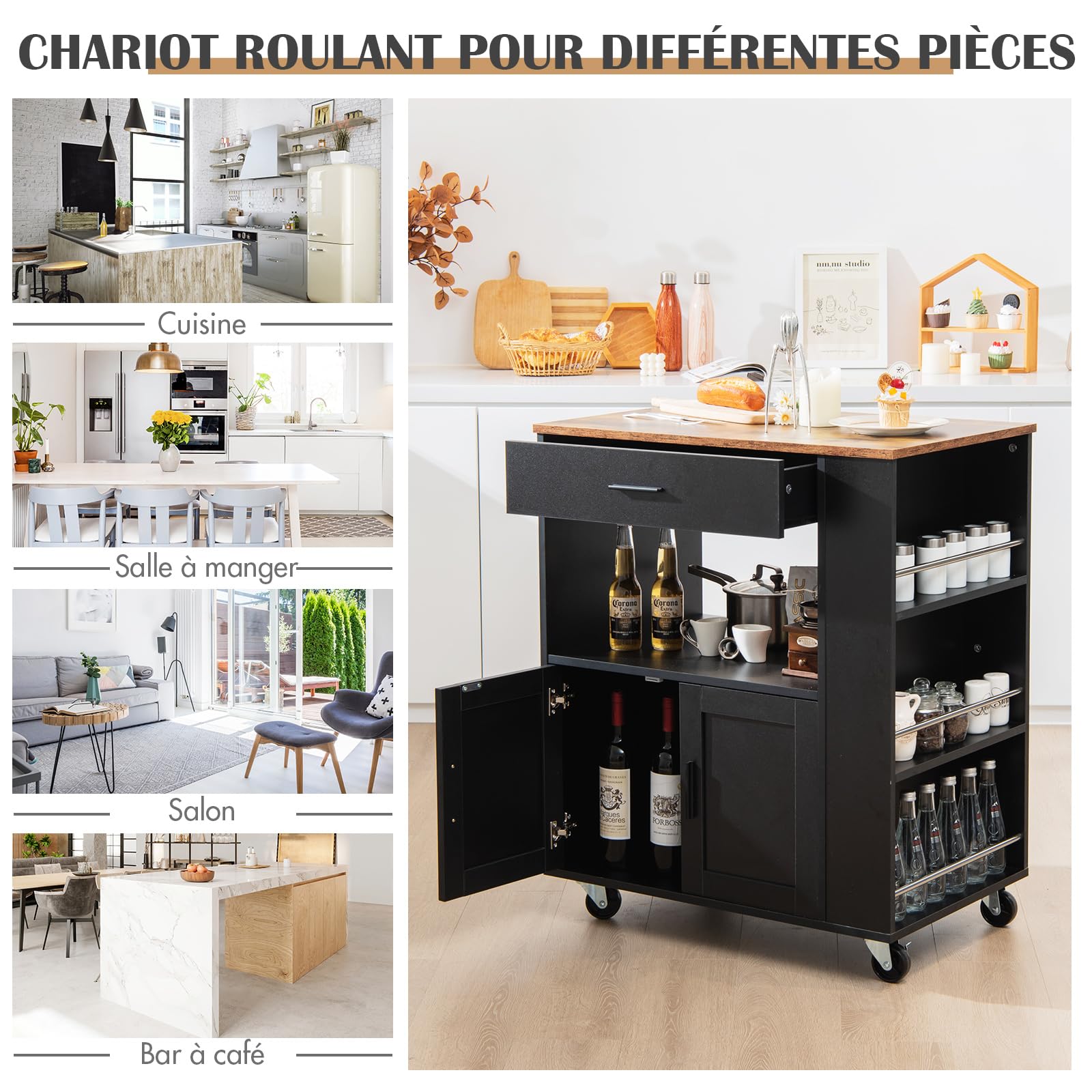 GOPLUS Desserte à roulettes, Chariot Cuisine Rangement avec Placard, Armoire, Support à Épices 3 Niveaux et Porte-Serviettes, Meuble Rangement pour Cuisine, 82 x 50 x 92 cm (Noir+Brun, Moderne)