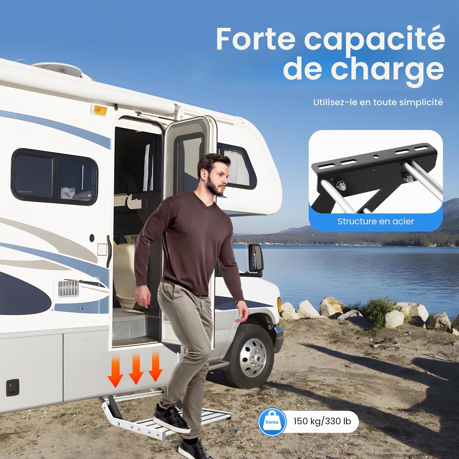 Marchepied en alliage d'aluminium pour camping-car, marchepieds de camping-car pliables, marche manuelle de camping-car, ferrures de marchepied de caravane, capacité de charge 150 kg, marche