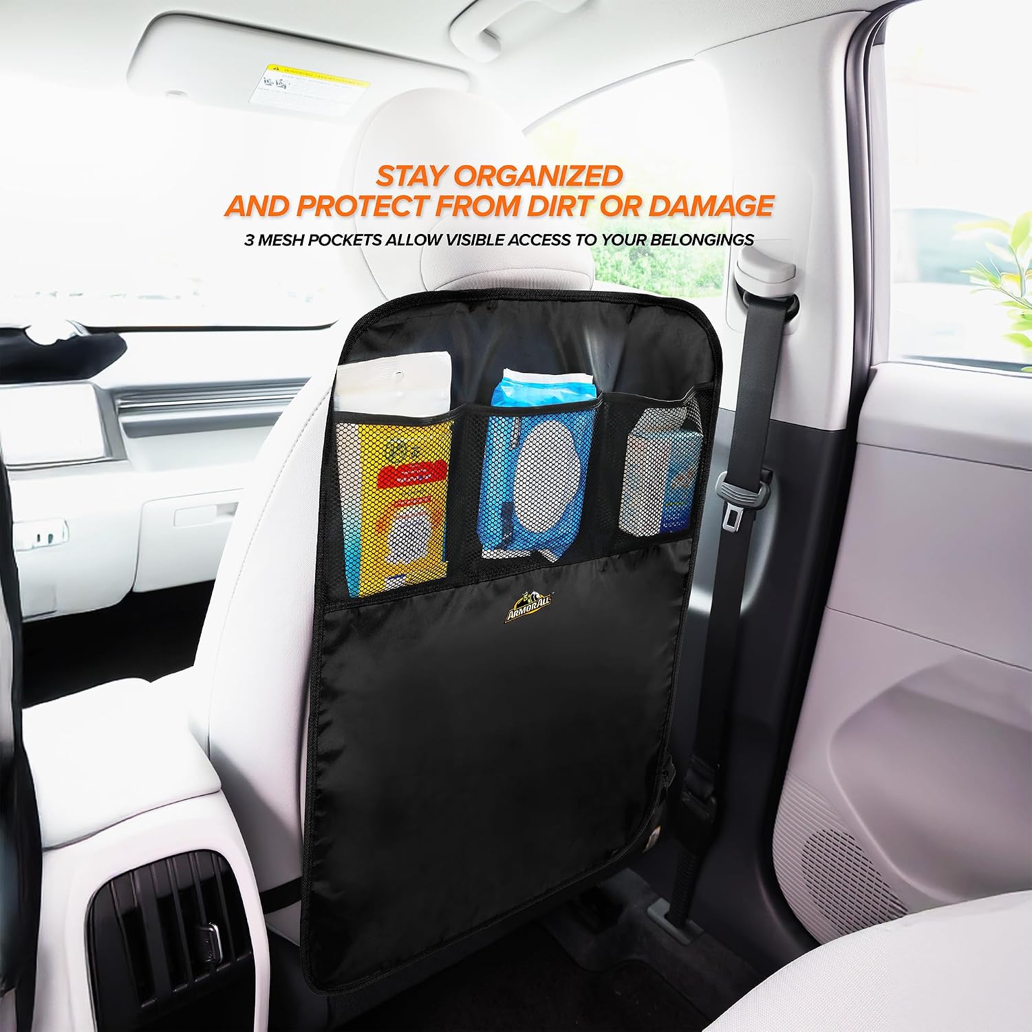 Armor All Car Backseat Kick Mat with Storage, Backseat Kick Protector for Kids with 3 Mesh Pockets, Protects from Kicks, Scratches, Scuffs, Spills, Stains, 3 Adjustable Straps for Easy Installation