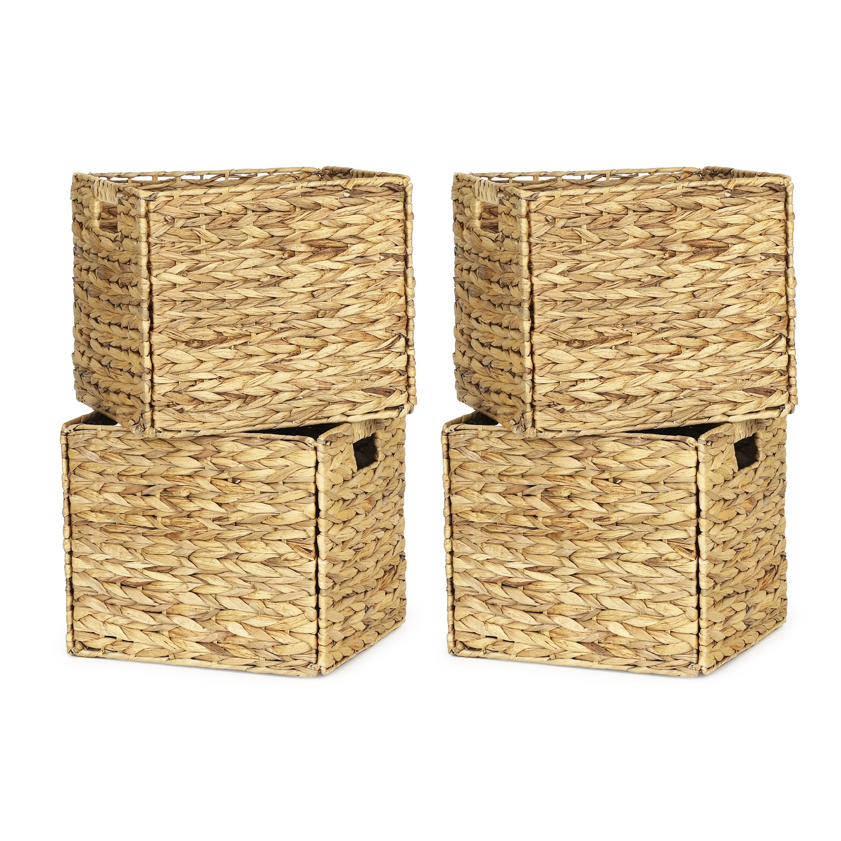 4 pack 13 x 11in rectangular wicker storage bins, water hyacinth baskets, foldable wicker baskets, storage basket with built-in handles, handwoven natural basket for shelves, outdoor