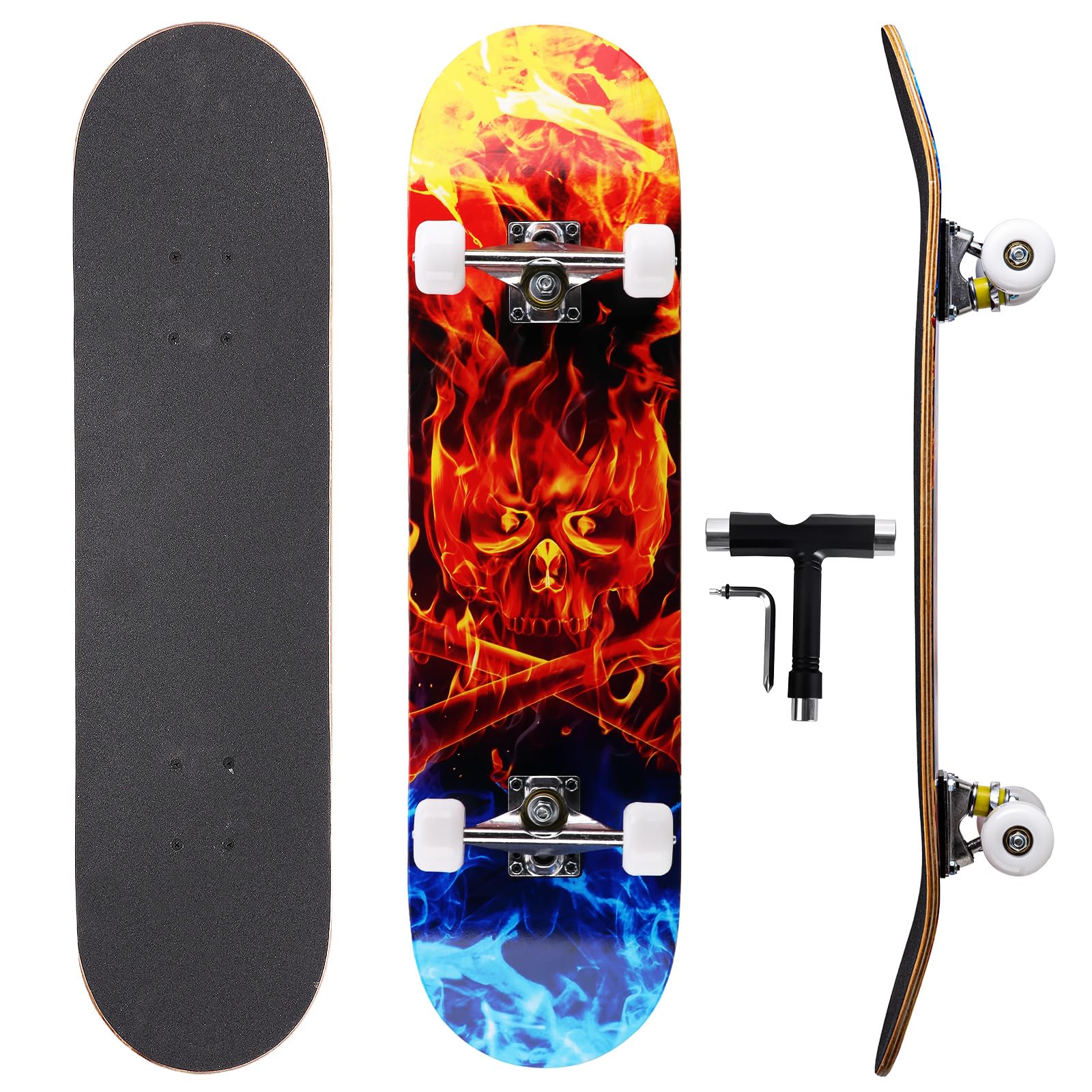 Skull &amp; Wolf Professional Double Kick Skateboard, 31 inch Maple Deck, ABEC-9 Bearings, 97A PU Wheels
