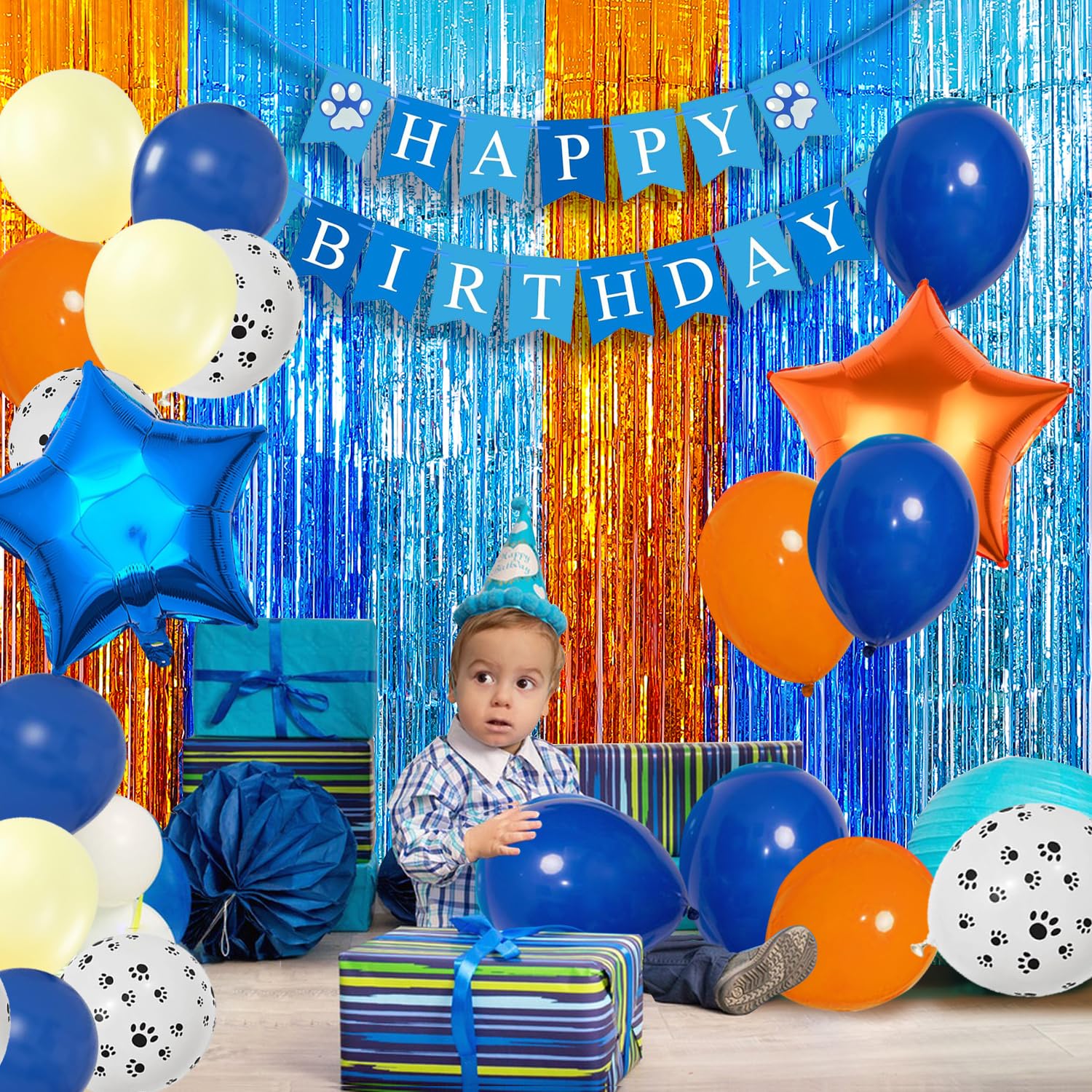 Dog Birthday Party Decorations Set For Boy Puppies - Blue Theme With Banner, Balloons, Cake Topper & Tinsel Backdrop - View #7