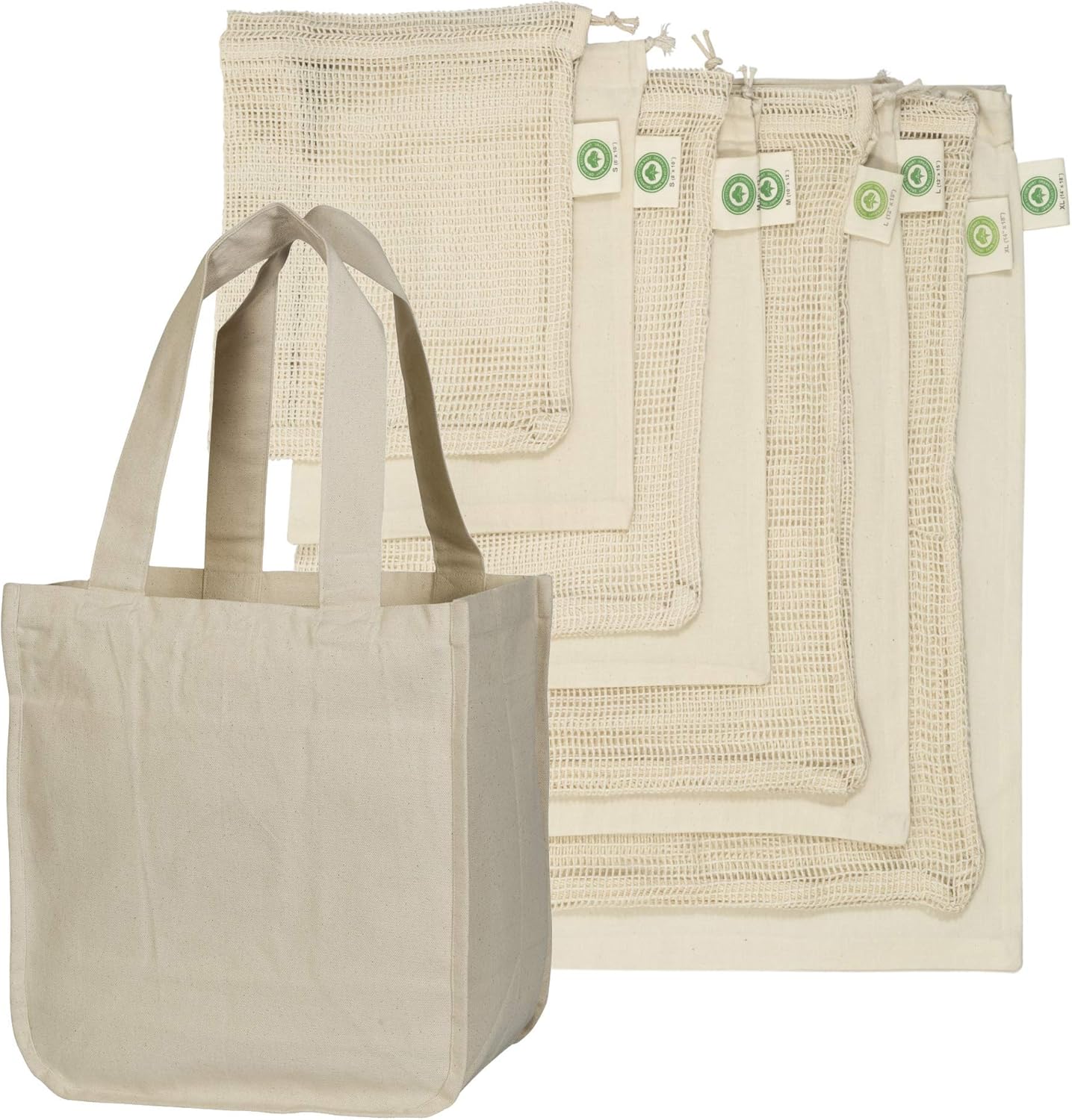 Best Reusable Grocery Bags Set - 9 Piece Cotton Reusable Grocery Shopping Bags Includes 4 Muslin Fabric Bags, 4 Cotton Mesh Bags and 1 Bonus Cotton Tote Bag - Bundle Best Eco-friendly Grocery Bags Set