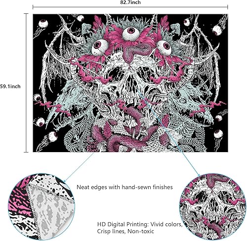 Miniatura 5 de AtawLege Tapiz de calavera con ojos de esqueleto, tapiz gótico de serpiente, tapiz de flores psicodélicas, tapiz grande de demonio de terror, tapiz
