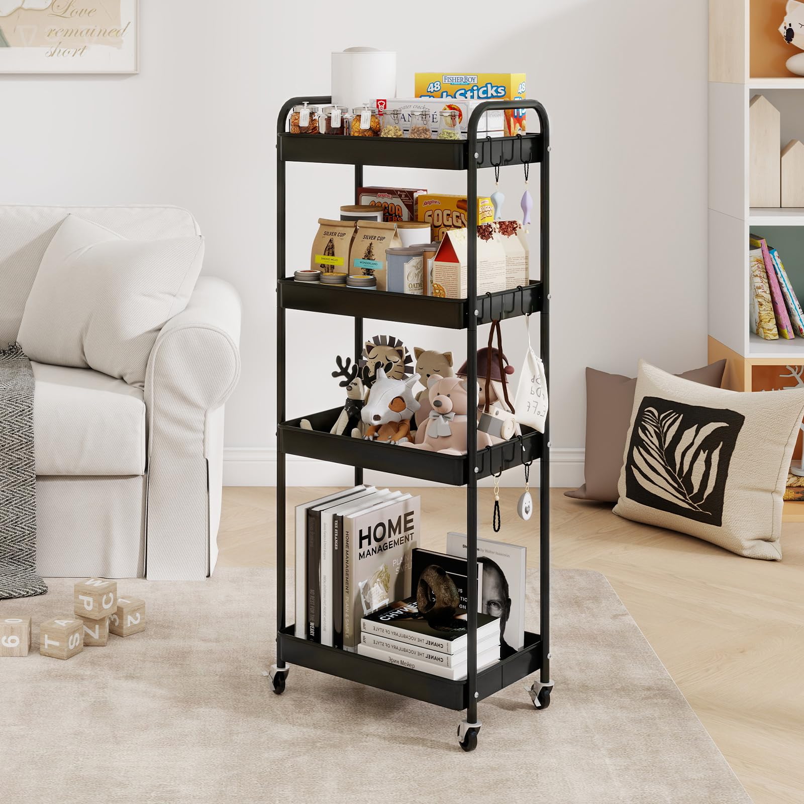 PUNCIA Carrello Portaoggetti a 4 Ripiani in Metallo, Carrello con Rotelle, Etagiera da Cucina con Ruote e Antiruggine, Facile da Pulire, Scaffale Mobile per Cucina, Soggiorno e Bagno (Nero)