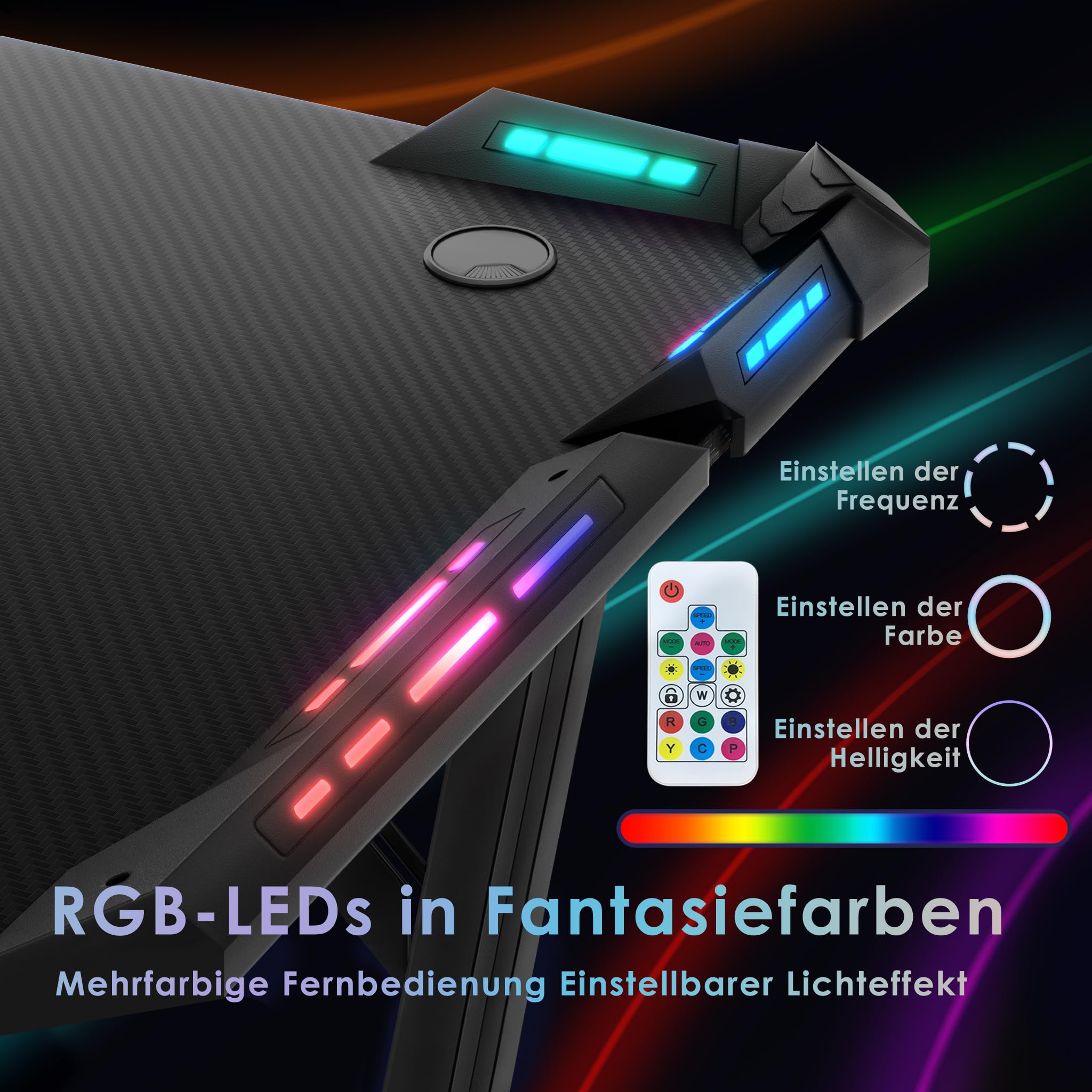 UISEBRT Gaming Schreibtisch 120 x 60cm Gamer Tisch A-förmiger Kohlefaseroberfläche Computertisch mit RGB LED-Licht, Ergonomischer Eckschreibtisch mit Kopfhörerhaken und Getränkehalter