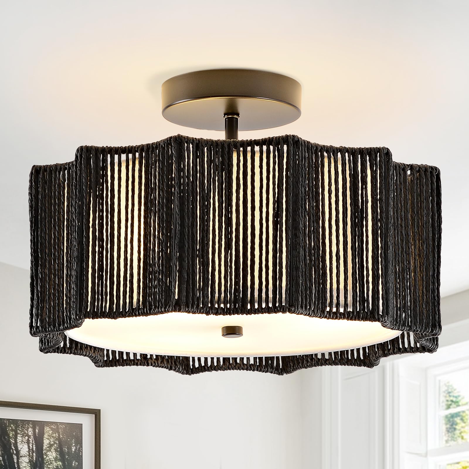 Hermasgi 12'' Rattan Ceiling Light Fixtures Boho Chandelier
