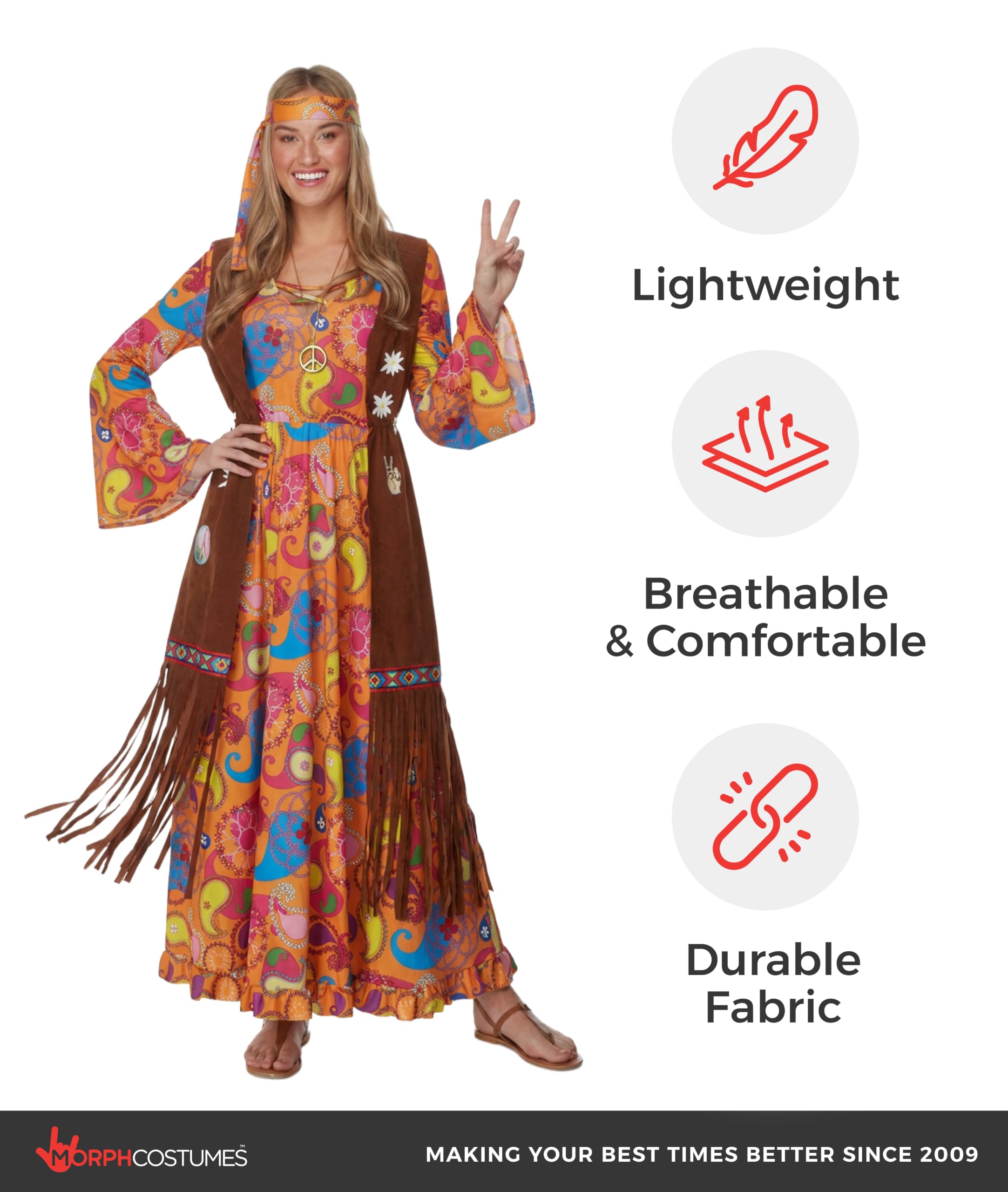 Morph Disfraz Hippie Mujer, Disfraz Años 60 Halloween Mujer