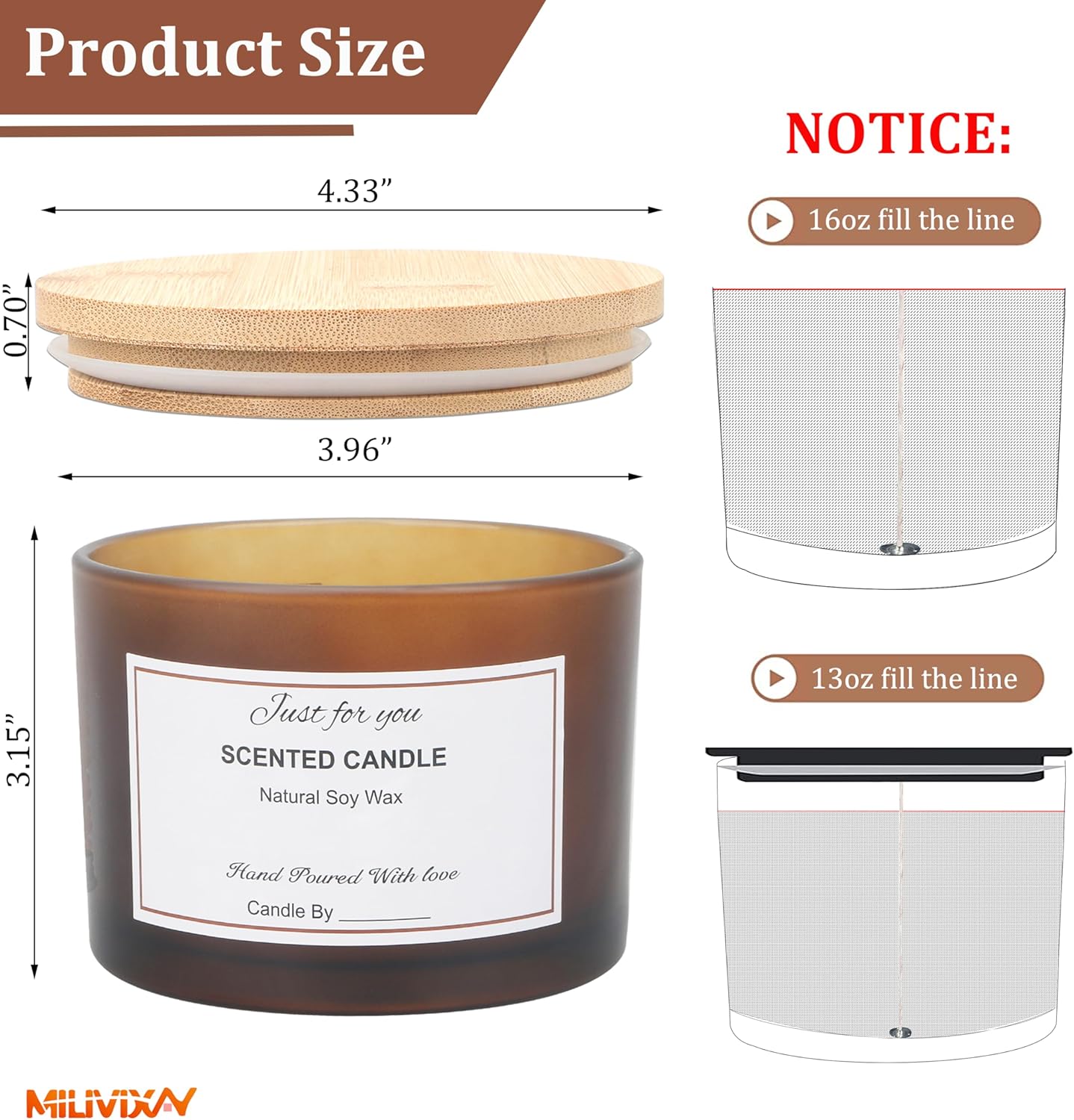 MILIVIXAY 6 Pack 16 oz Candle Jars with Bamboo Lids and Candle Making Kits - 3 Wick Candle Jar,Bulk Empty Frosted Amber Thick Glass Jars for Making Large Candles - Spice, Powder Containers.