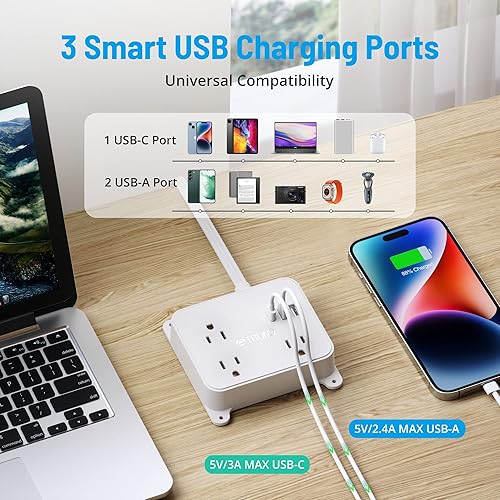 Miniatura 7 de TROND Protector de sobretensiones y cable de extensión plano de 5 pies con 3 cargadores USB (1 puerto USB C), estación de carga de 3 tomas amplias