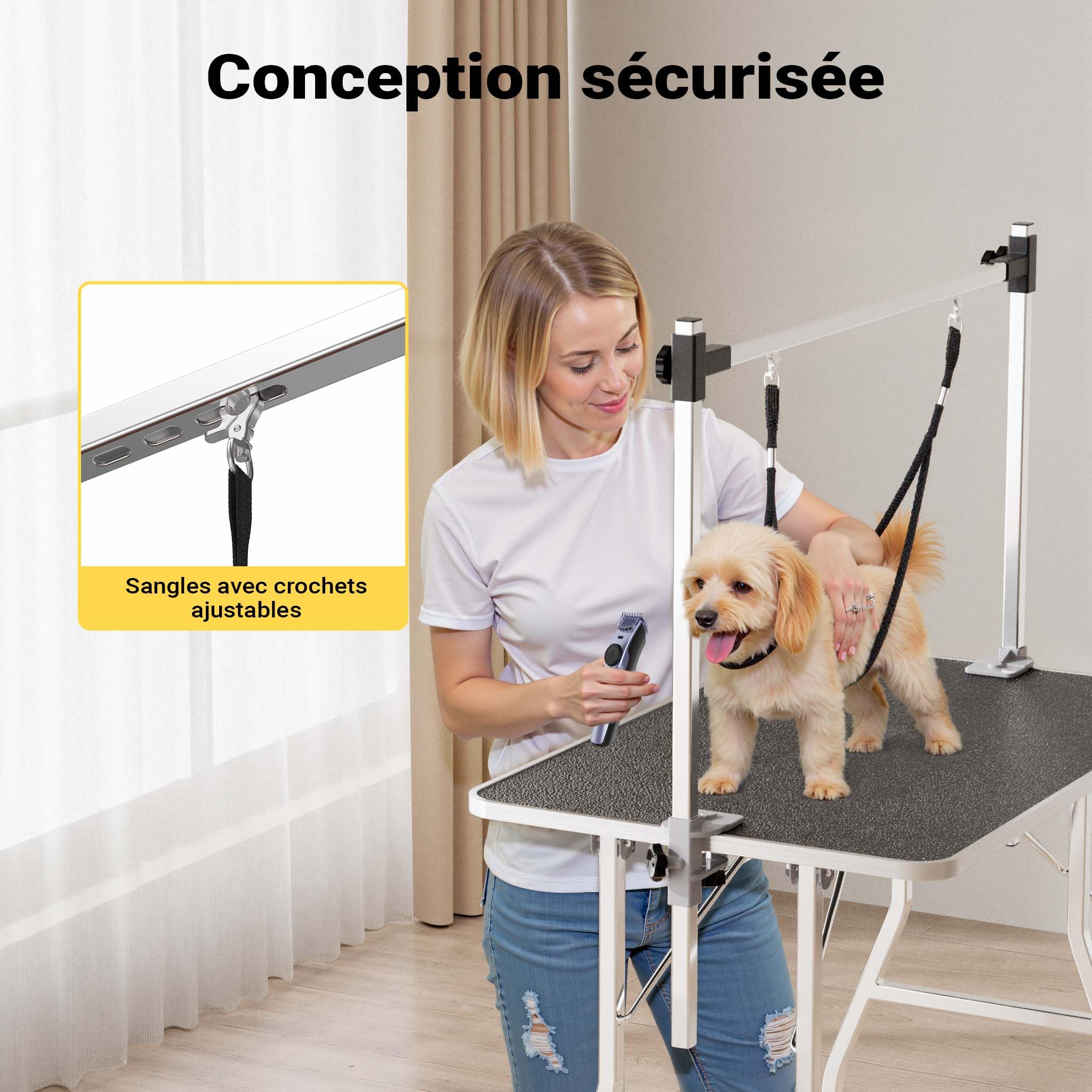 WilTec Table de toilettage canin et félin - 105 x 61,5 x 160 cm - Structure Pliable - avec 2 Sangles - Surface de toiletteur Soins Grooming pour Chiens et Chats