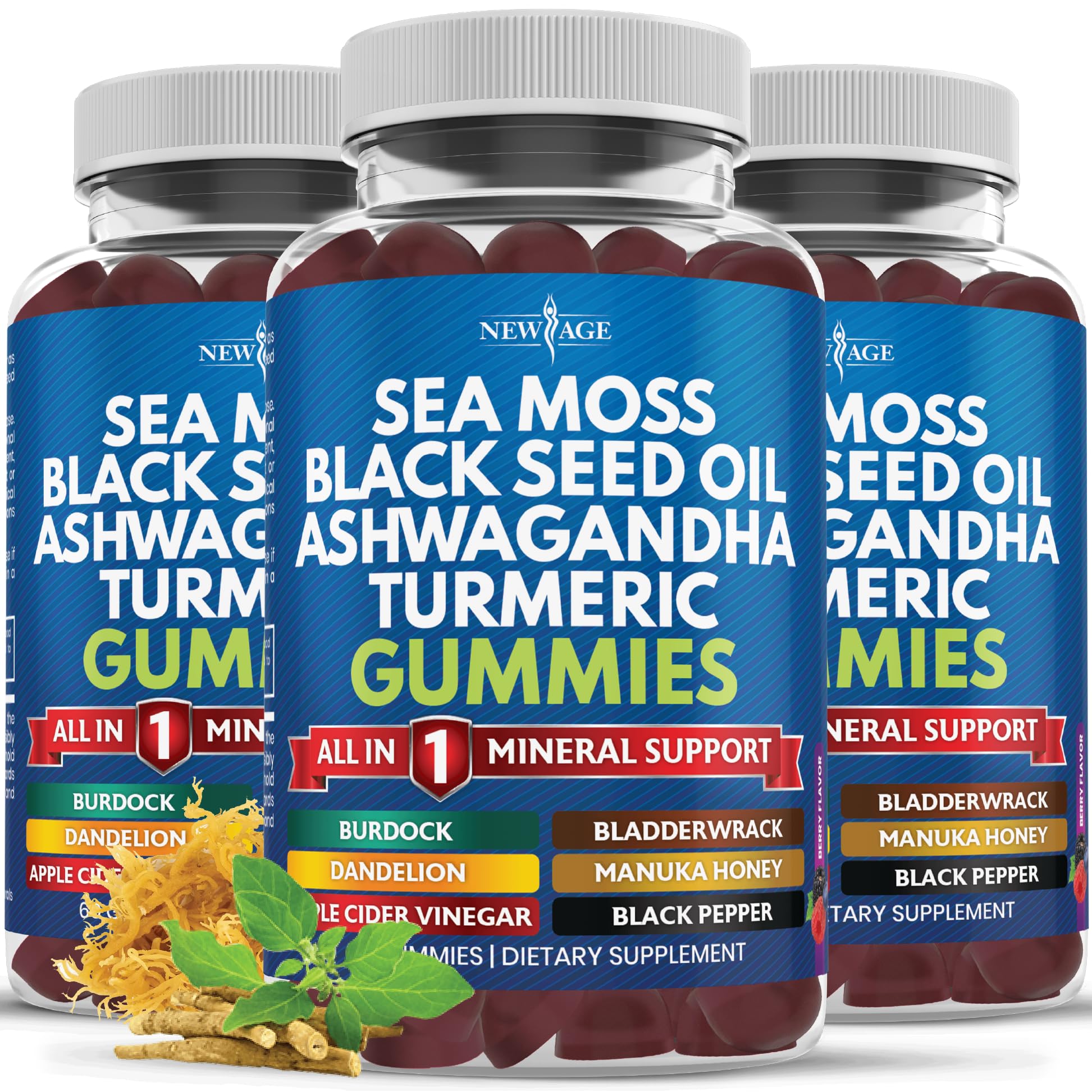 NEW AGE Suplemento fitoterápico de cúrcuma com musgo-marinho, óleo de cominho-preto, ashwagandha, bladderwrack e bardana, 180 gomas, pacote com 3