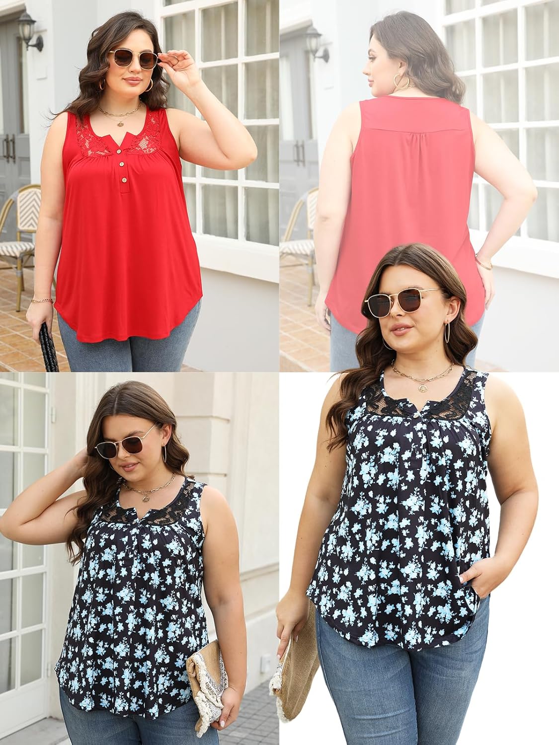 ROSRISS Plus-Size Tank Tops Summer Sleeveless Henley V-Neck Shirts Buttons Up Lace Pleated Flowy Tunics - Image 4