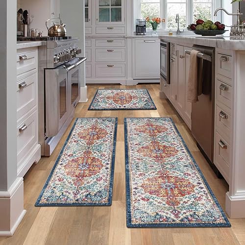 Alfombra bohemia naranja para decoración de cocina, alfombra vintage bohemia floral para cocina, lavandería, baño, antideslizante, lavable, tapete