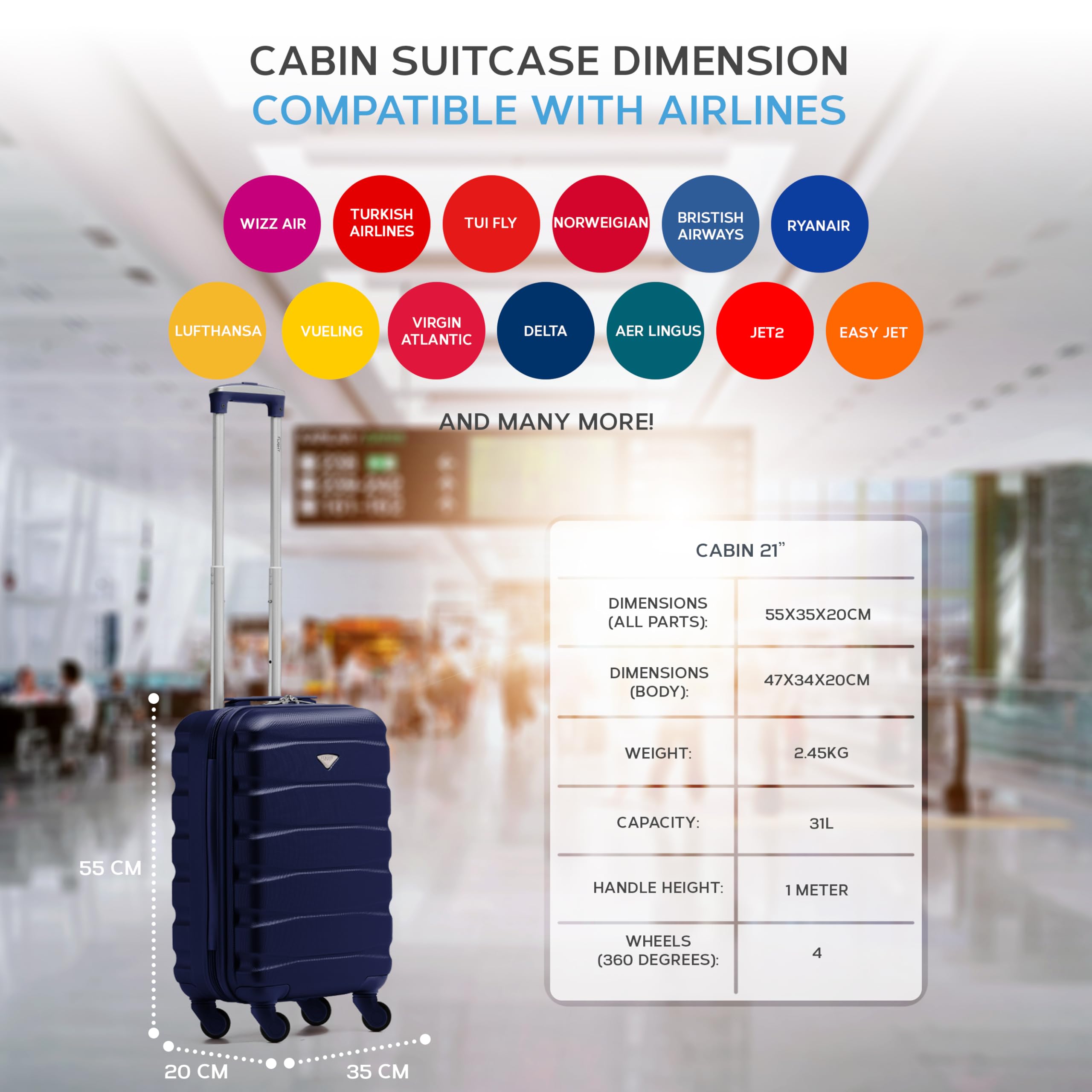 Flight Knight Lightweight 4 Wheel ABS Hard Case Suitcases Cabin Carry On Hand Luggage Approved for Over 100 Airlines Including British Airways, easyJet, Jet2 & Wizz 55x35x20cm - TSA Lock