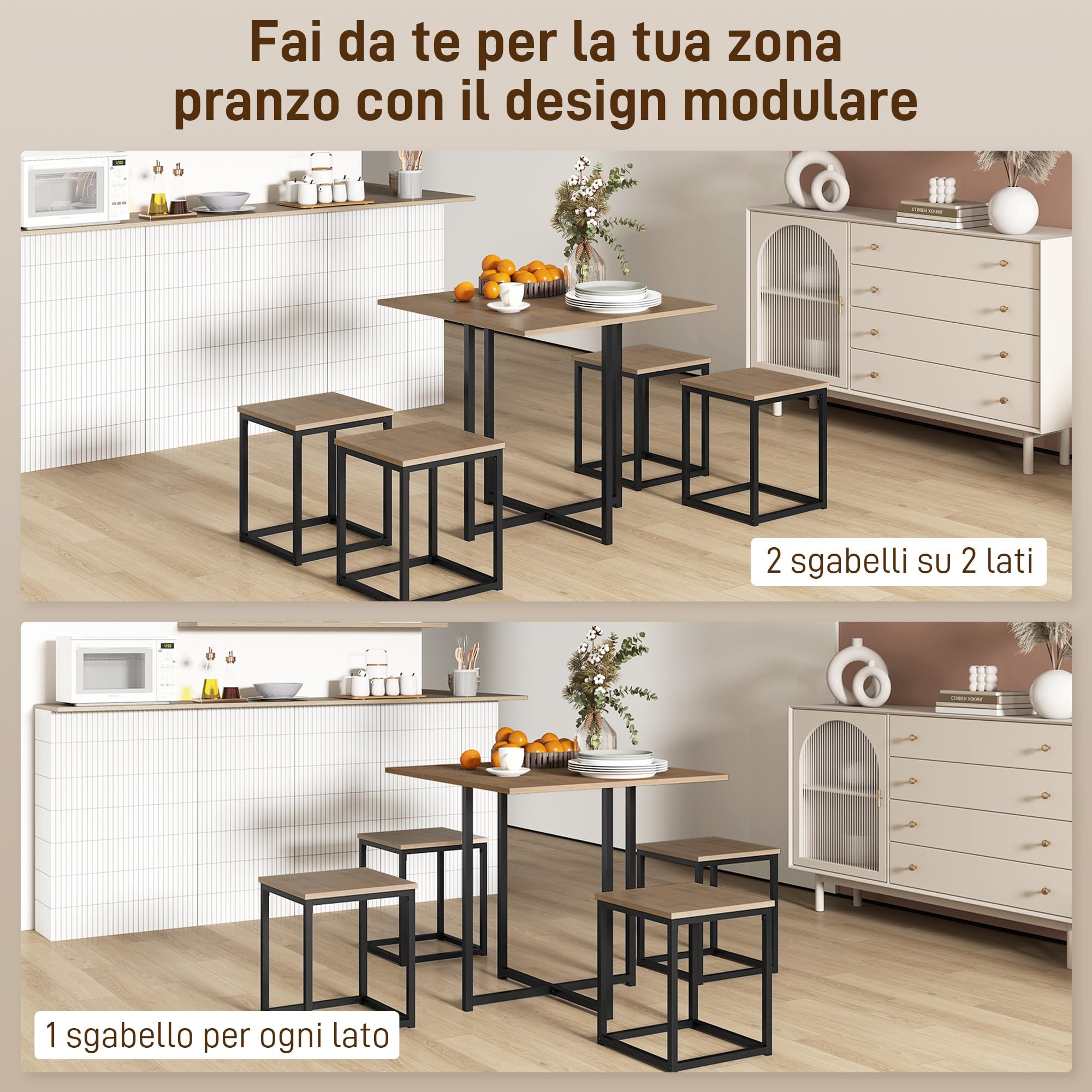 HOMCOM Set 5 Pezzi Tavolo Sala da Pranzo con 4 Sgabelli in Stile Industriale per Cucina, Set Mobili Salvaspazio per Casa o Ristorante in Legno e Metallo, Nero e Color Legno
