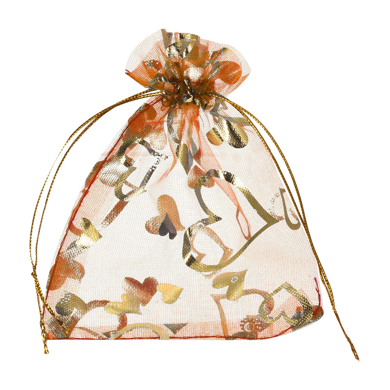 sourcing map Organza Bag 4" x 6", Sheer Heart Mesh Bags Drawstring Gift Bags Bulk Party Favor Bag Jewelry Pouches for Wedding Candy Valentines (Orange-Gold, Pack of 50)