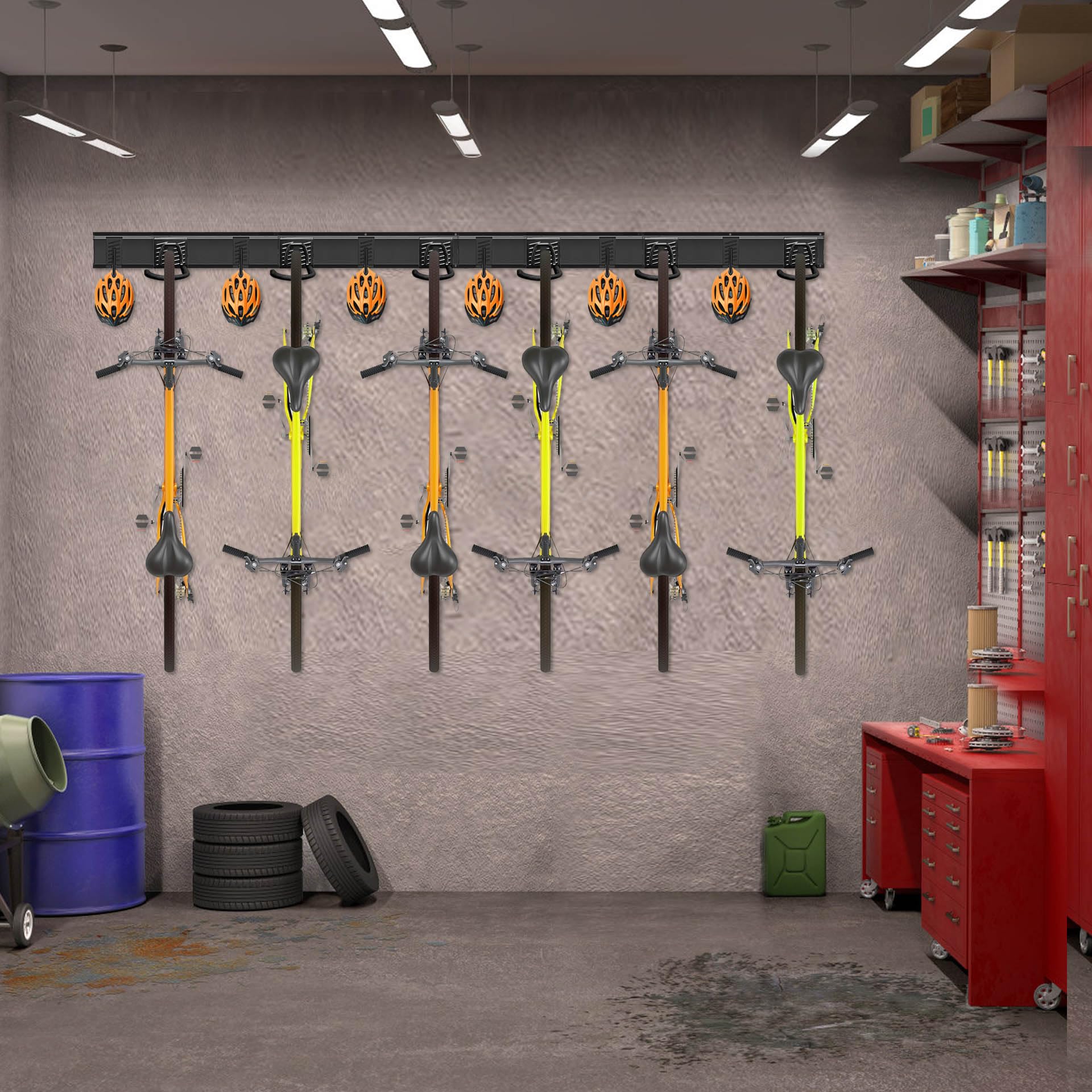 Mimoke Uchwyt ścienny do roweru, regulowany pionowo, zawieszenie rowerowe na ścianę do rowerów elektrycznych, MTB i wyścigowych | Uchwyt ścienny do rowerów i haków na kask (do 6 rowerów, 4 szyny)