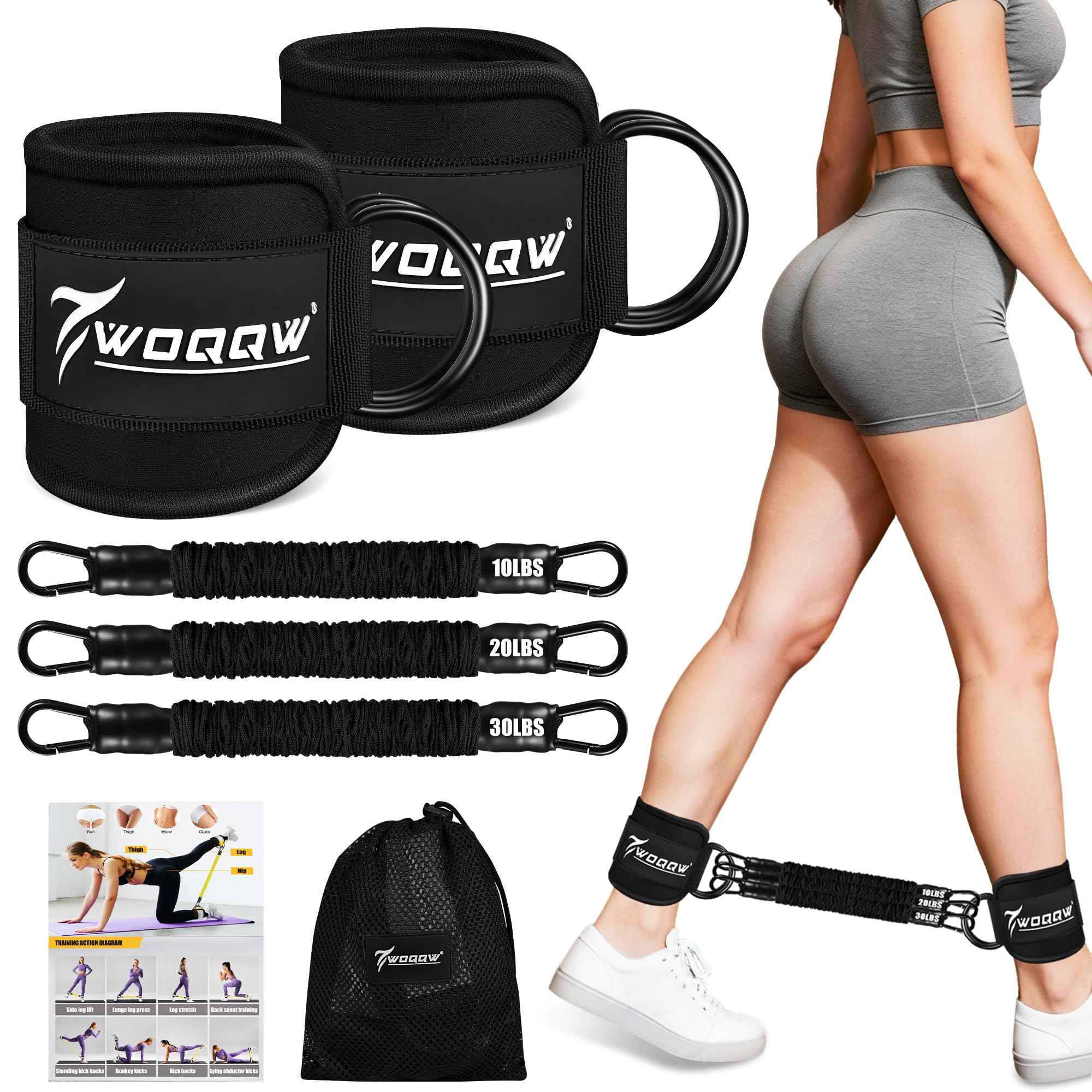 WOQQW Ankle Resistance Bands with Cuffs, Ankle Weights Bands for Women, Resistance Bands with Ankle Straps for Leg & Glute Workout, Kickback Exercises, Pilates- Home Gym Workout Equipment