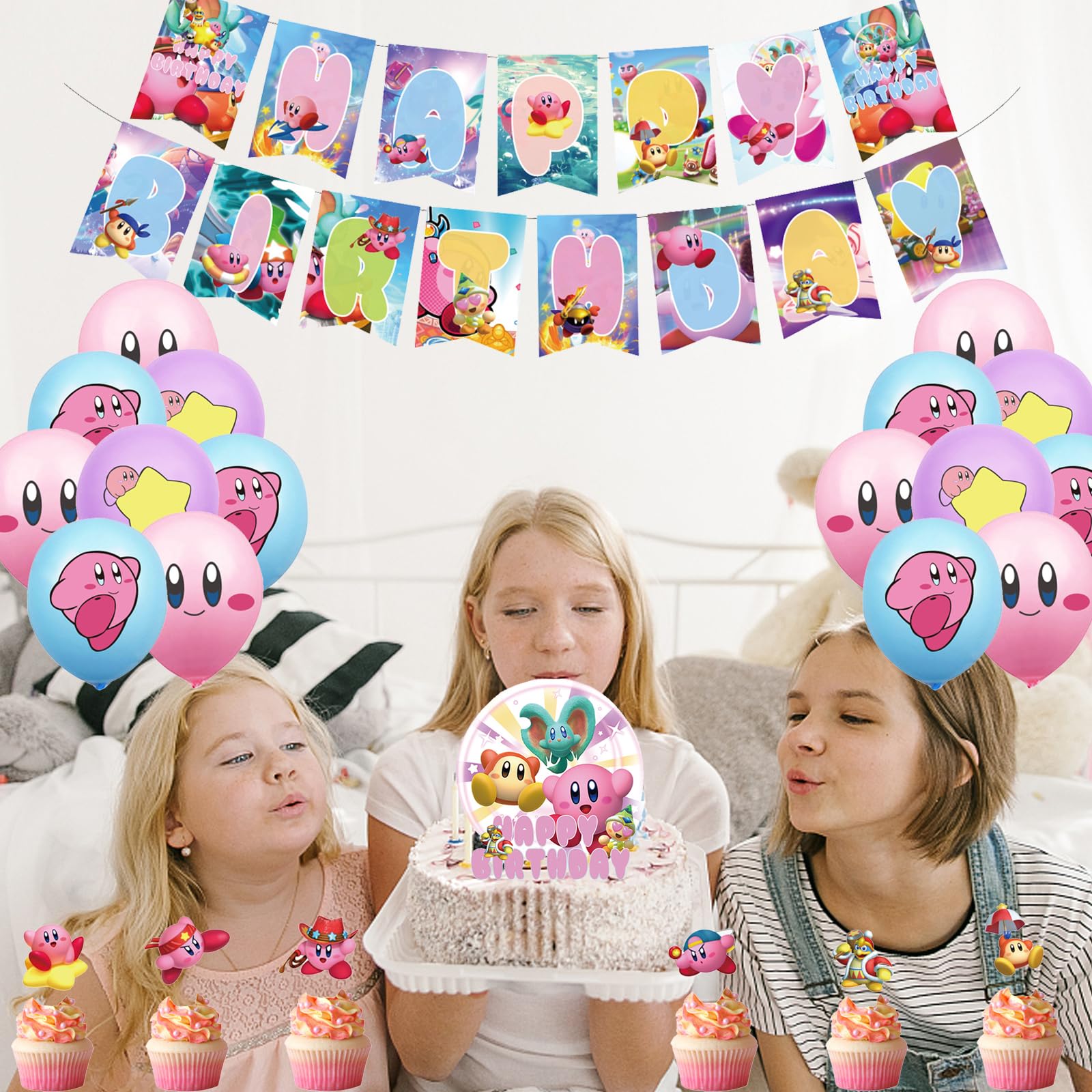 Décoration Anniversaire Kirby - Set Avec Assiettes, Ballons, Bannière 5x3ft