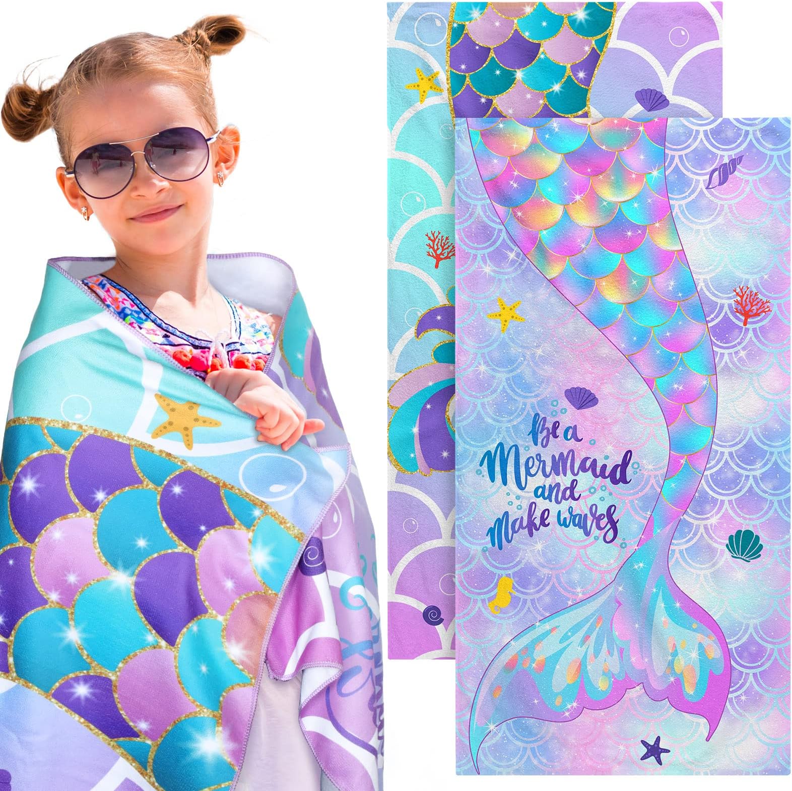 Yahenda 2 Packs Mermaid Beach Towel for Kids Quick Dry Beach Swimming Bath Pool Towel for Kids Girls Travel Shower Swimming Camping, 28 x 55 Inch