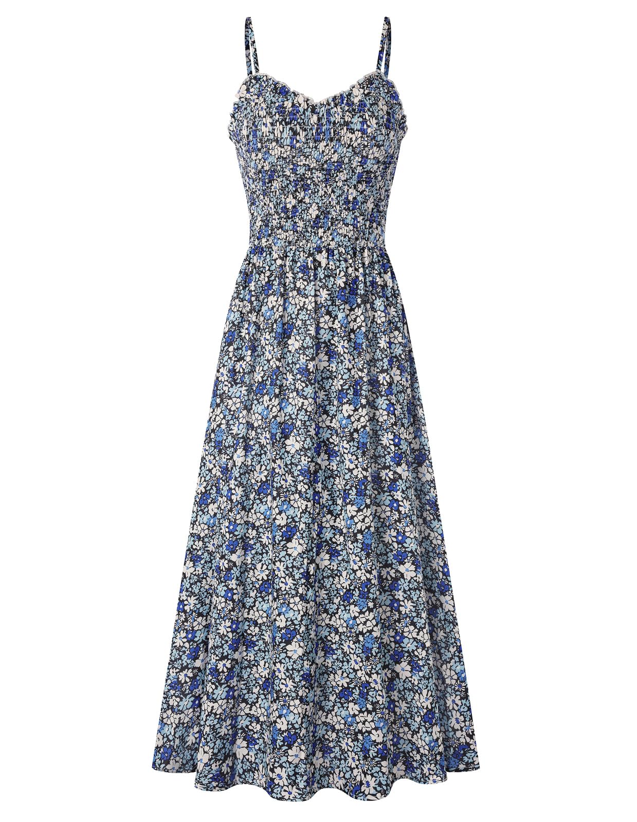Kate Kasin Women's Blue Floral Floral Sundress Summer Maxi Casual Beach Dress V-Neck Spaghetti Straps Smocked Dress Xl