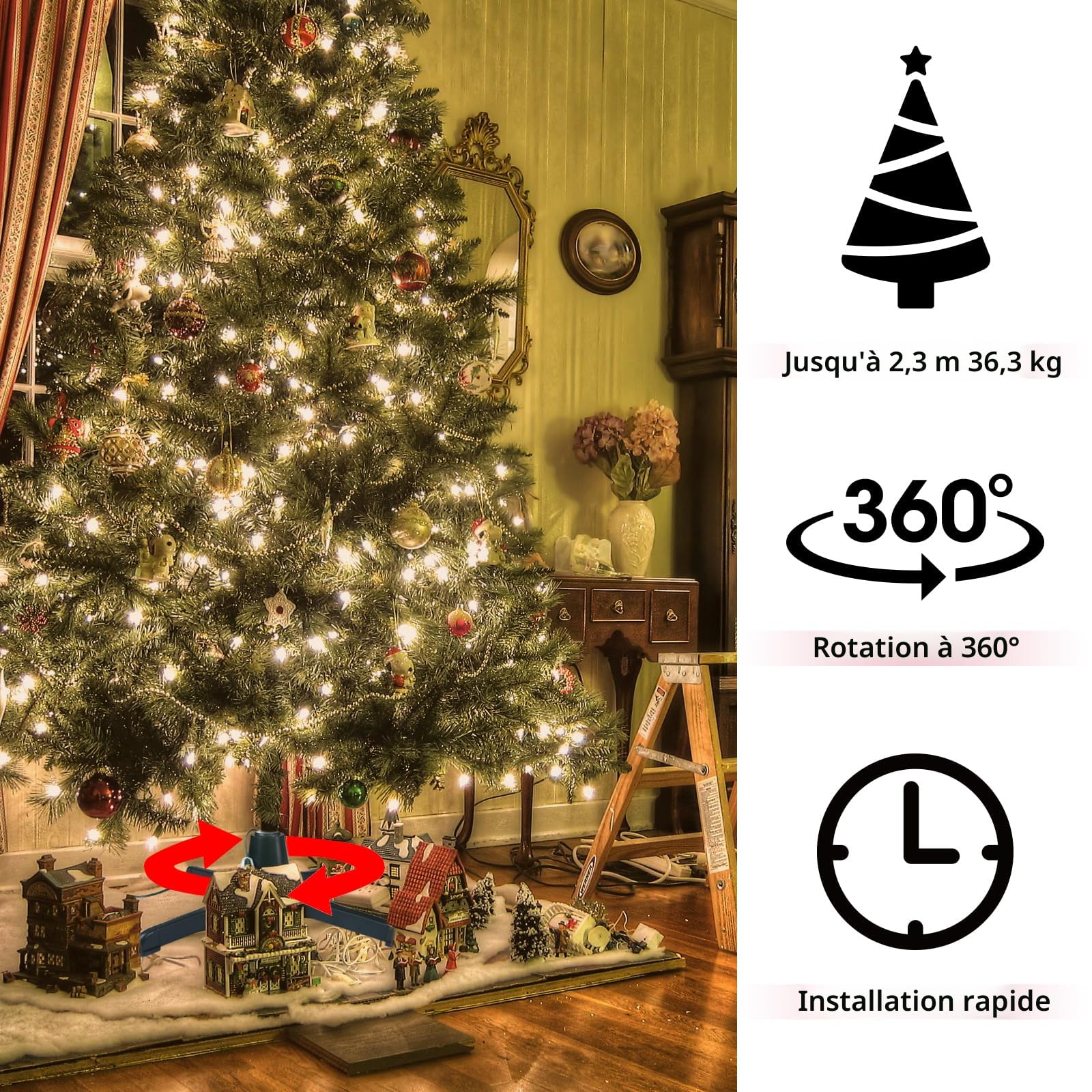 Pied De Sapin De Noël Pivotant – Support Jusqu'à 3m Et 45kg – Réservoir D'eau