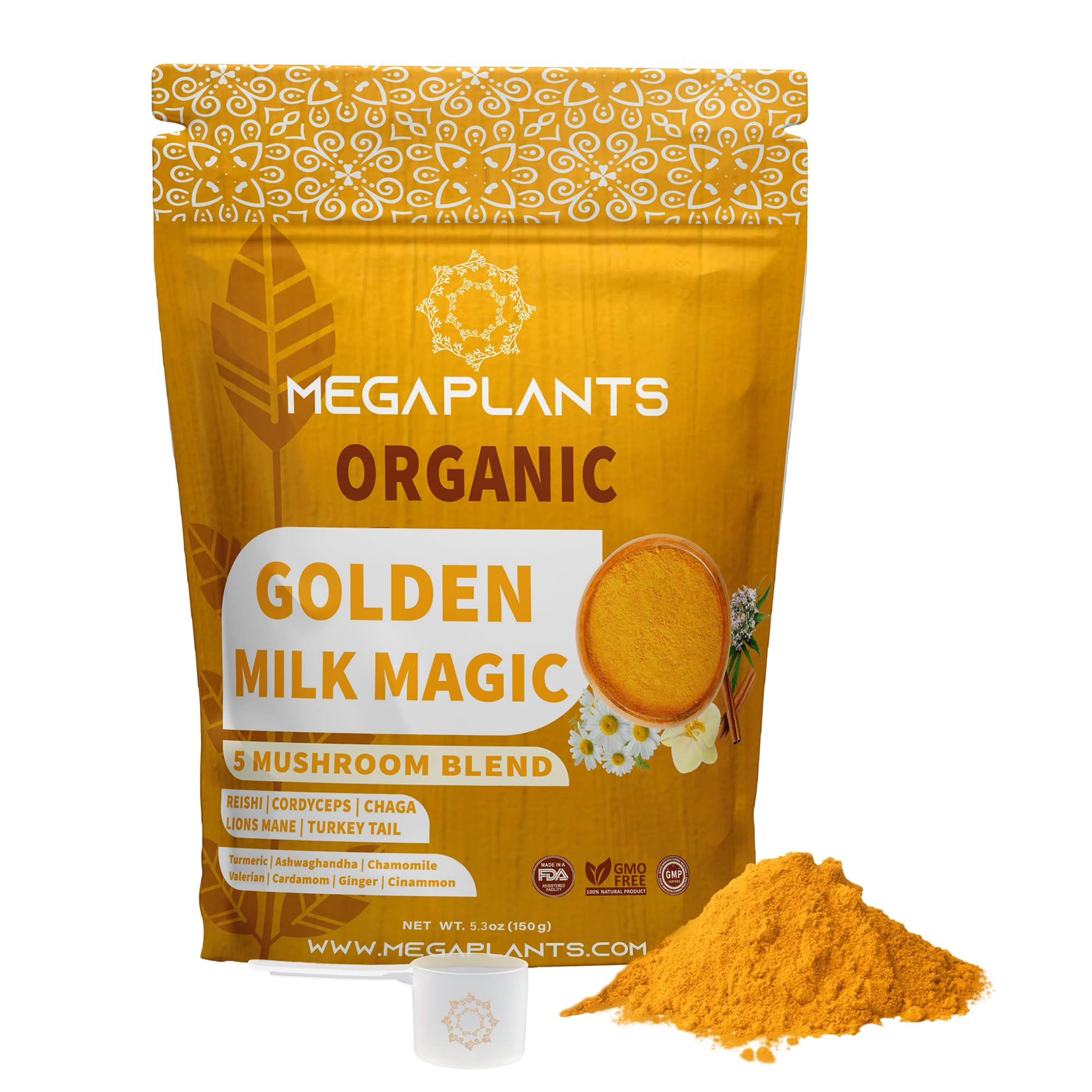 Golden Milk Magic (50 Servings) | Superfood 5 Mushroom Blend for Sleep, Relaxation, Relief | Turmeric, Ashwaghanda, Valerian, Chamomile + 5 Mushroom Blend | Smoothie, Hot Beverage