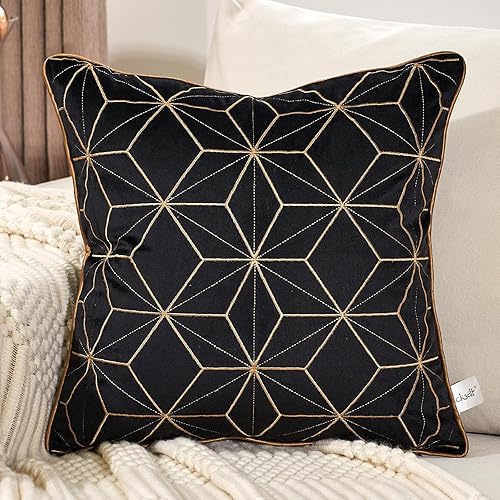 Aeckself Funda de almohada de terciopelo geométrico negro de 18 x 18 pulgadas, funda de almohada decorativa cuadrada moderna con bordado a cuadros