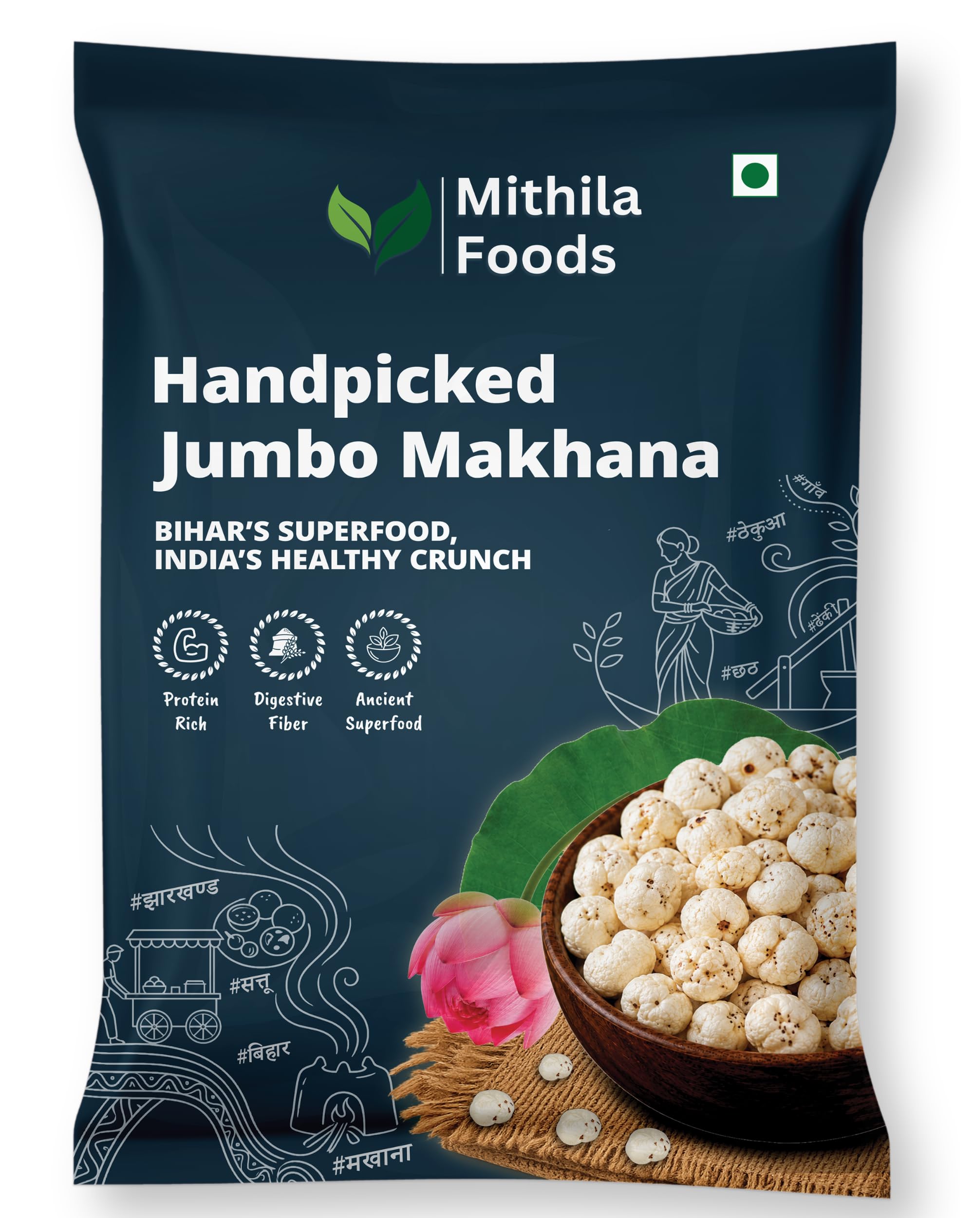 MITHILA FOODS 100g Authentic Bihari Jumbo Hand-picked Phool Makhana | 100% Natural & Gluten-Free Foxnuts | High Protein, Low-Calorie Lotus Seeds | Perfect Healthy Snack | Traditional Taste from Bihar