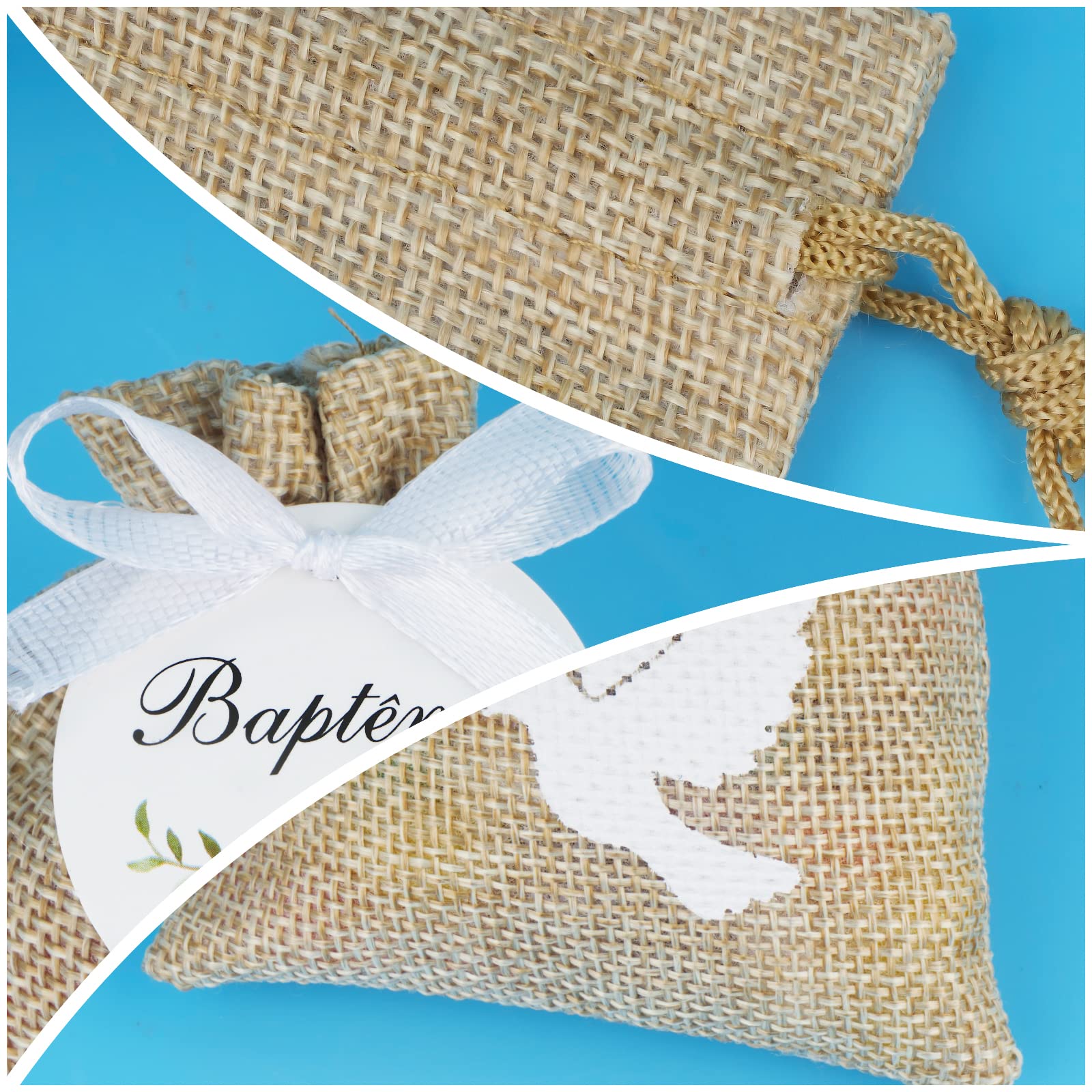 10Pcs Sachet Jute 10Pcs Etiquette Baptême Pochette Dragée Motif Colombe 10 * 8cm Cadeau Invité Décoration pour Baptême avec Ruban