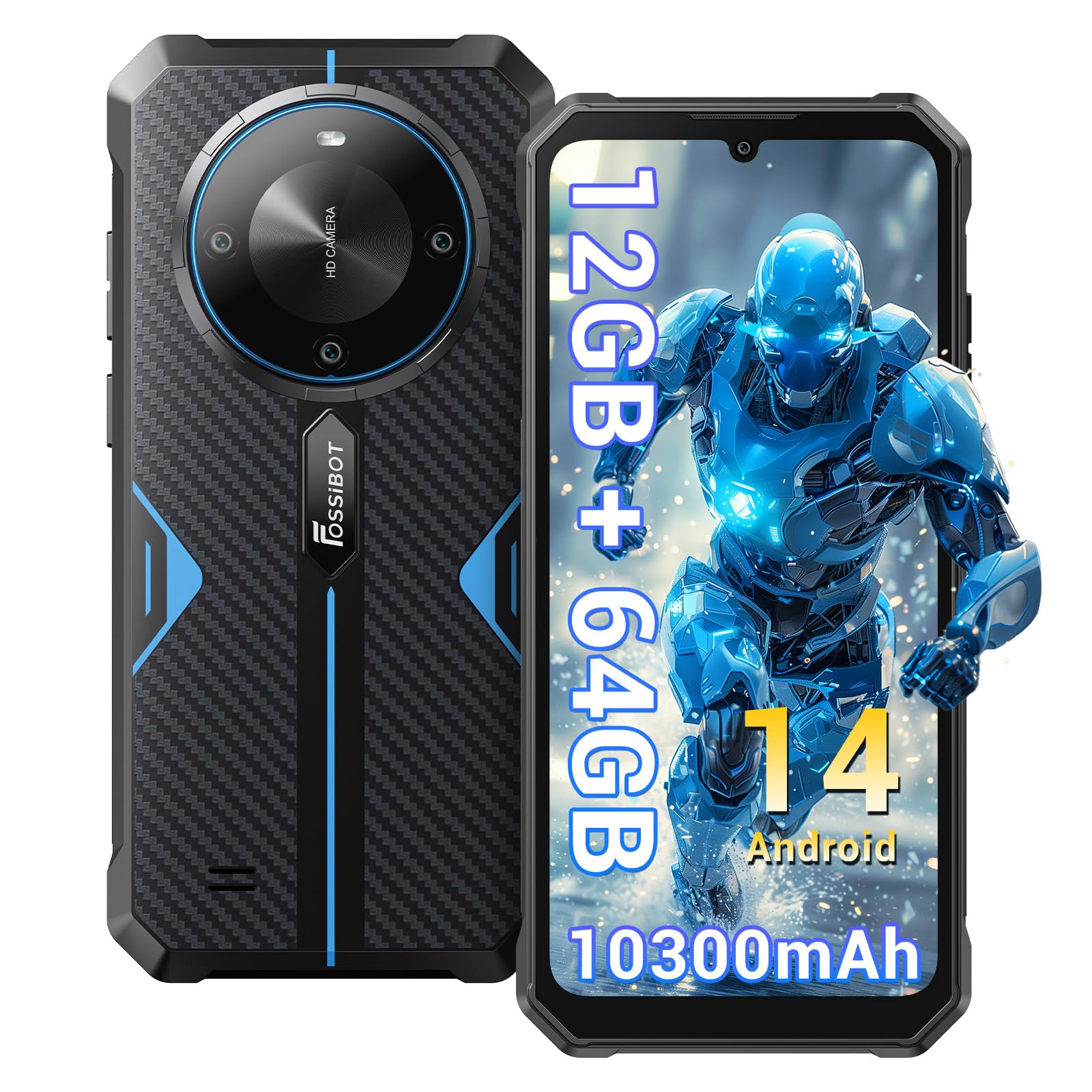 FOSSiBOTF105 Rugged Smartphone Unlocked, Android 14, 10300mAh Large Battery 12+64GB/128GB Storage 6.75" FHD Display 8MP+20MP Camera IP68/IP69K Waterproof Cell Phone 4G Dual SIM OTG